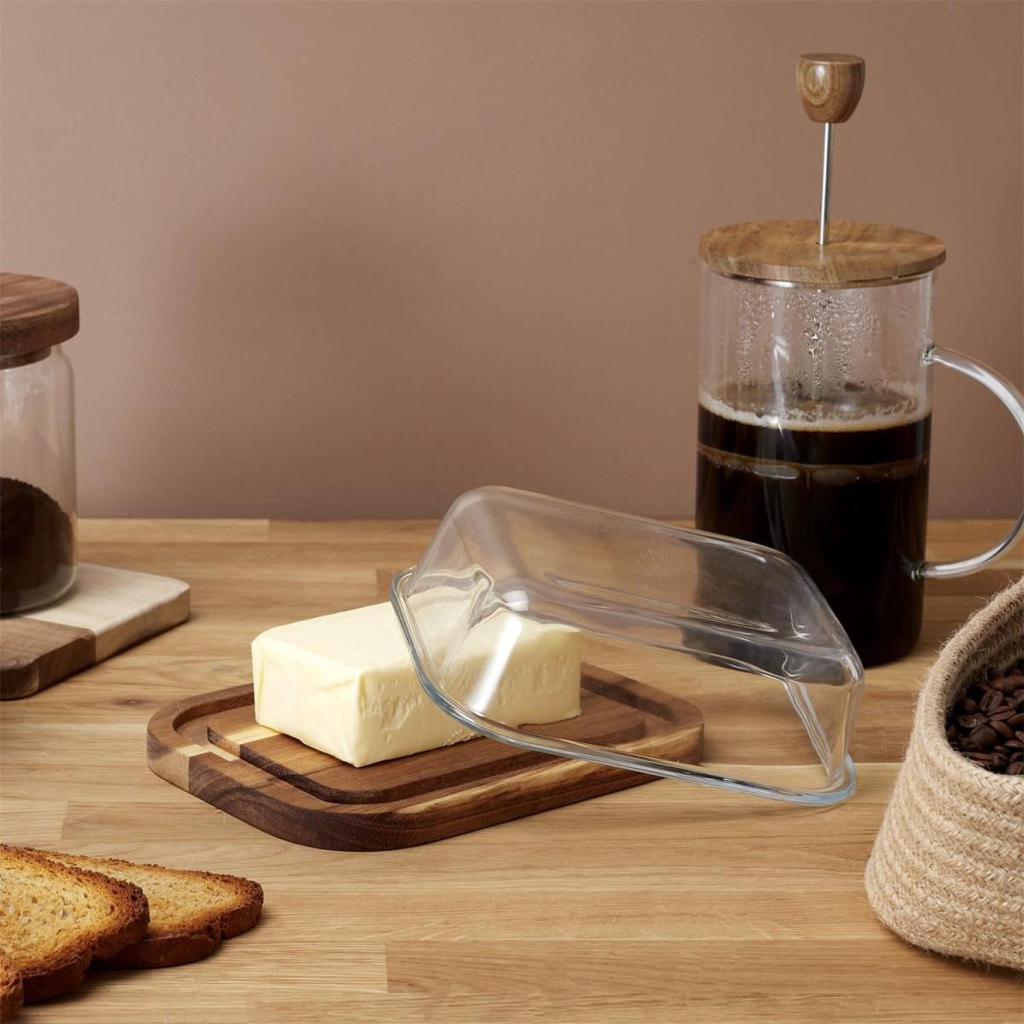 Voir la diapositive 5 : The Home Deco Factory Beurrier en Verre  Acacia  19cm Naturel