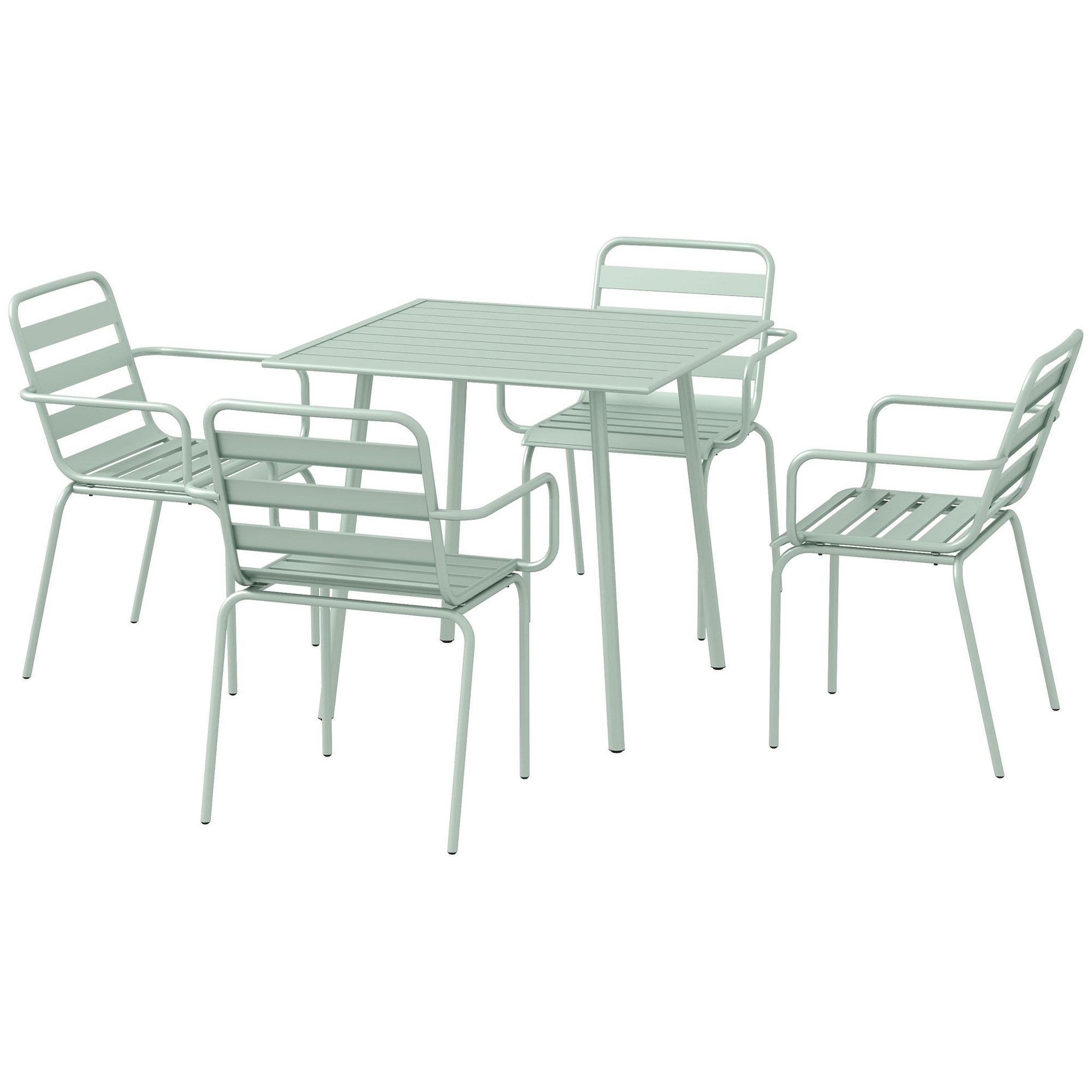 OUTSUNNY Salon de jardin 4 places 5 pièces - table à manger 4 chaises empilables - acier thermolaqué vert de gris