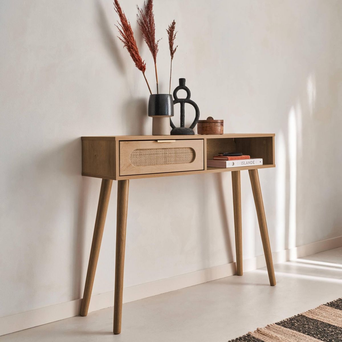 SWEEEK Console décor bois et cannage arrondi . Eva. 1 tiroir. 1 niche. pieds scandinaves. L 100 x l 29 x H 81cm