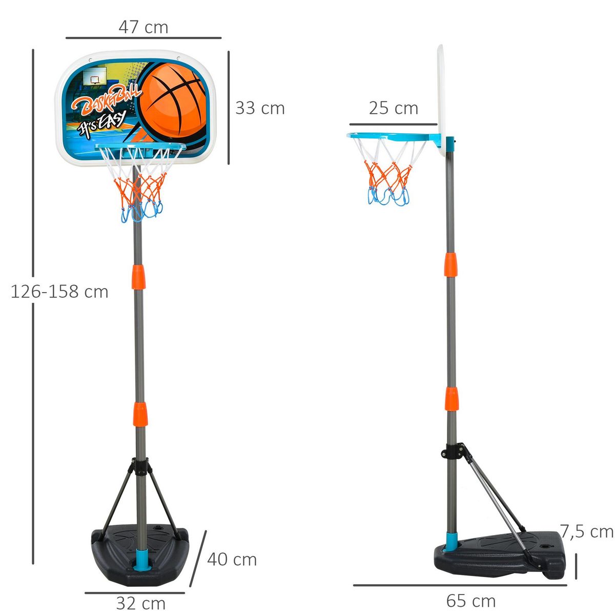 HOMCOM Panier de basket-ball sur pied avec poteau base lestage panneau + ballon + pompe hauteur réglable 1,26 – 1,58 m