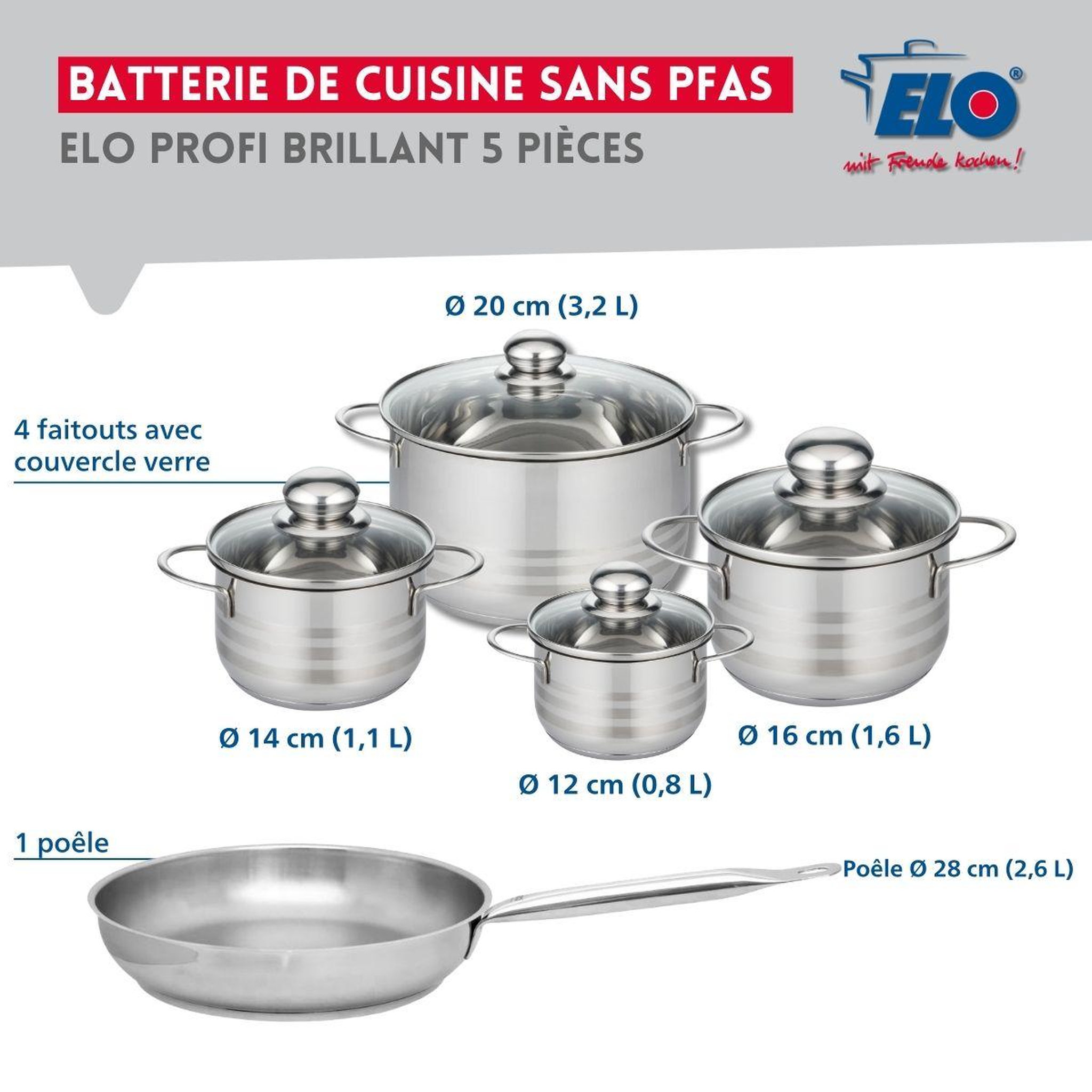 Voir la diapositive 2 : ELO Ensemble de 1 poêle de cuisson 28 cm et 4 faitouts 12, 14, 16 et 20 cm elo profi brillant