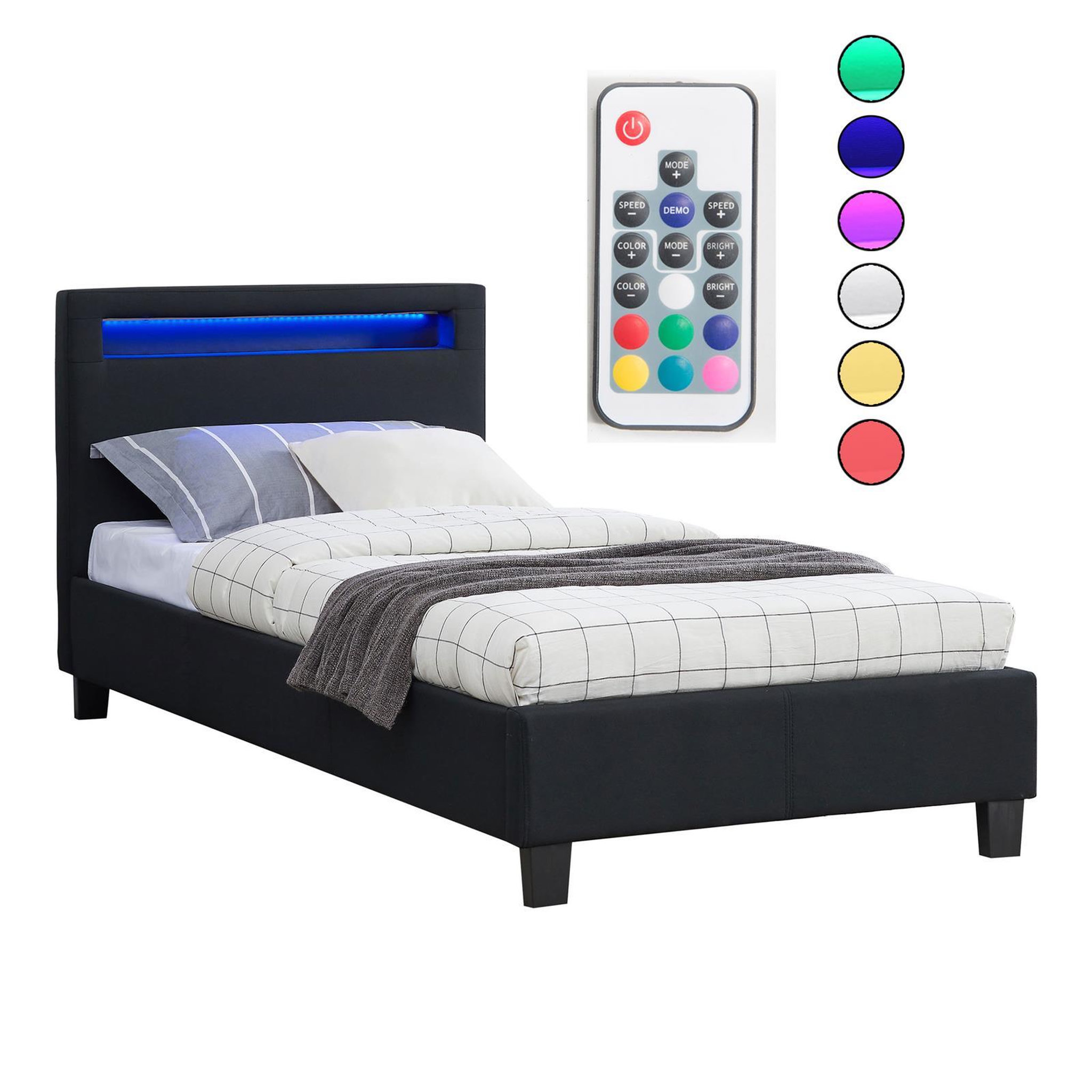 Voir la diapositive 3 : IDIMEX Lit LED simple MOLINA 90x190 cm, avec sommier, revêtement tissu