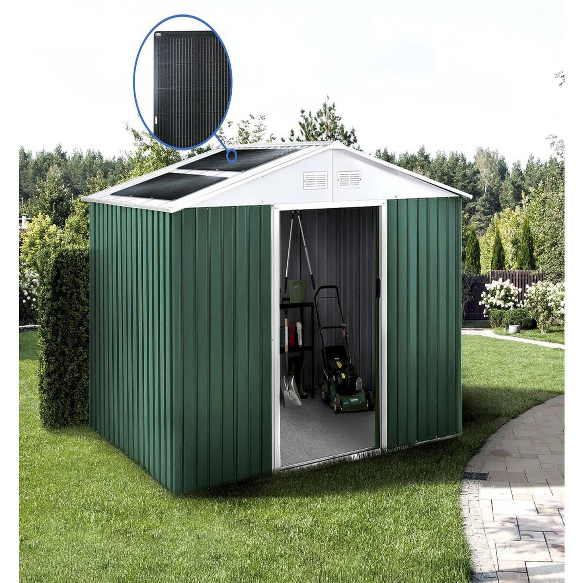 Voir la diapositive 2 : Habitat et Jardin Abri de jardin métal -  rosas  - 7,06 m² avec panneaux solaires - vert