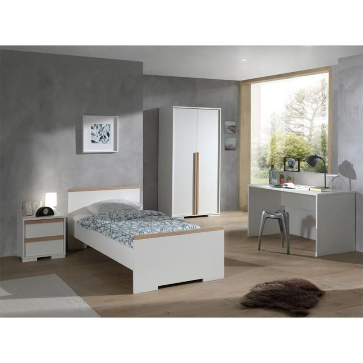 Paris Prix Pack - Lit Enfant, Chevet, Armoire 2 Portes & Bureau  London  Blanc