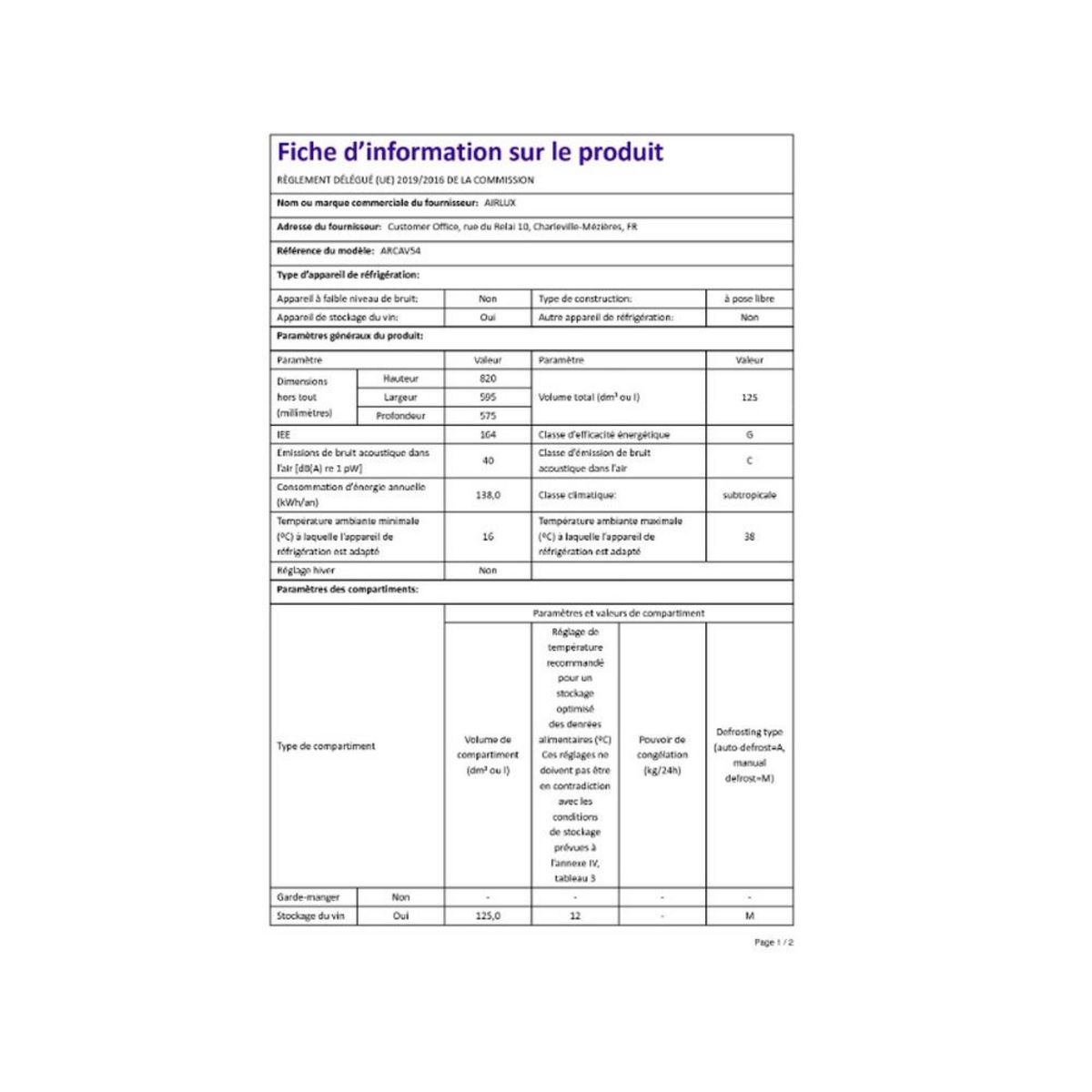 Airlux Cave à vin de service 54 bouteilles - arcav54