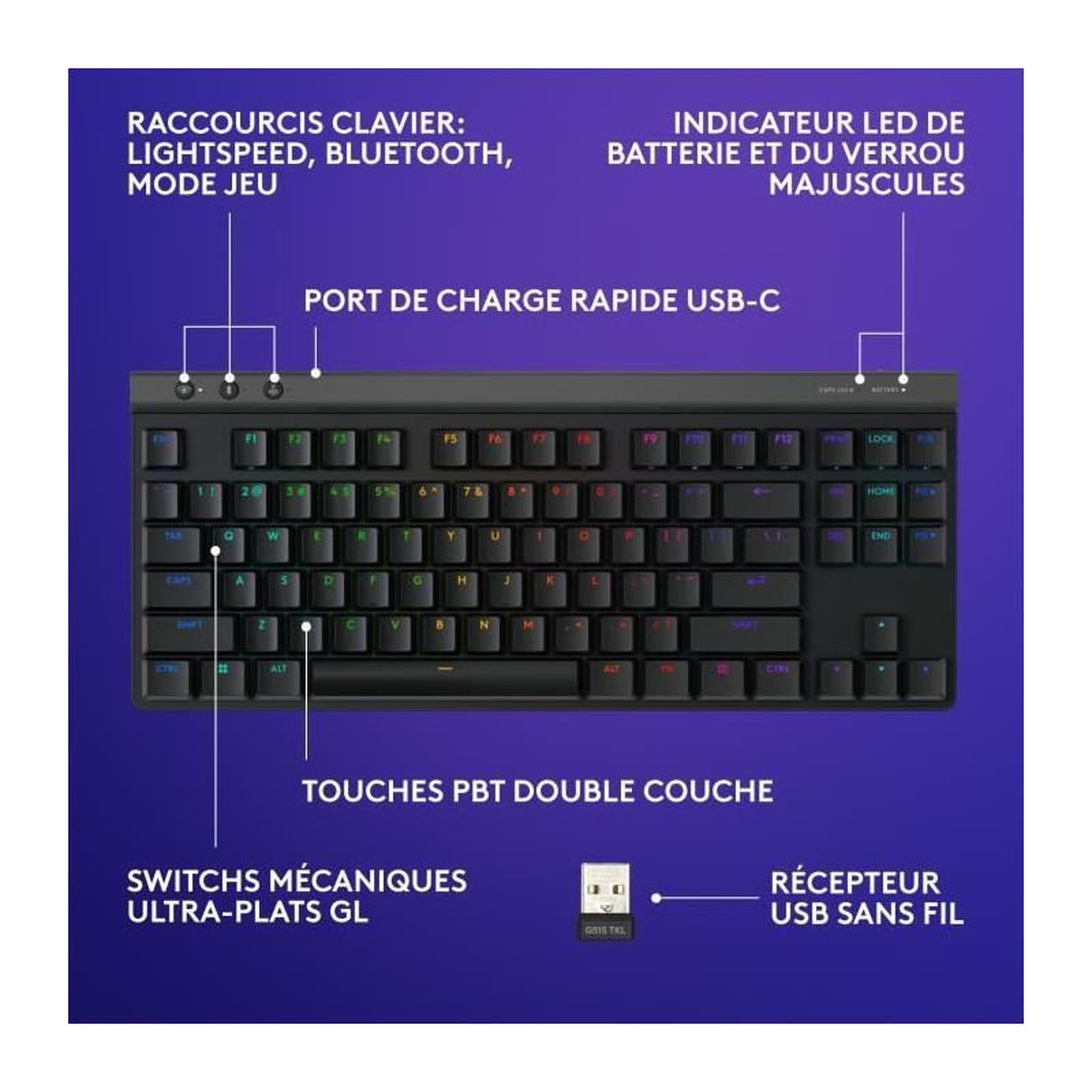 Voir la diapositive 6 : LOGITECH G Clavier Gamer - Sans fil - Logitech G - G515 TKL Lightspeed - Mécanique Linear - RGB - AZERTY - Noir