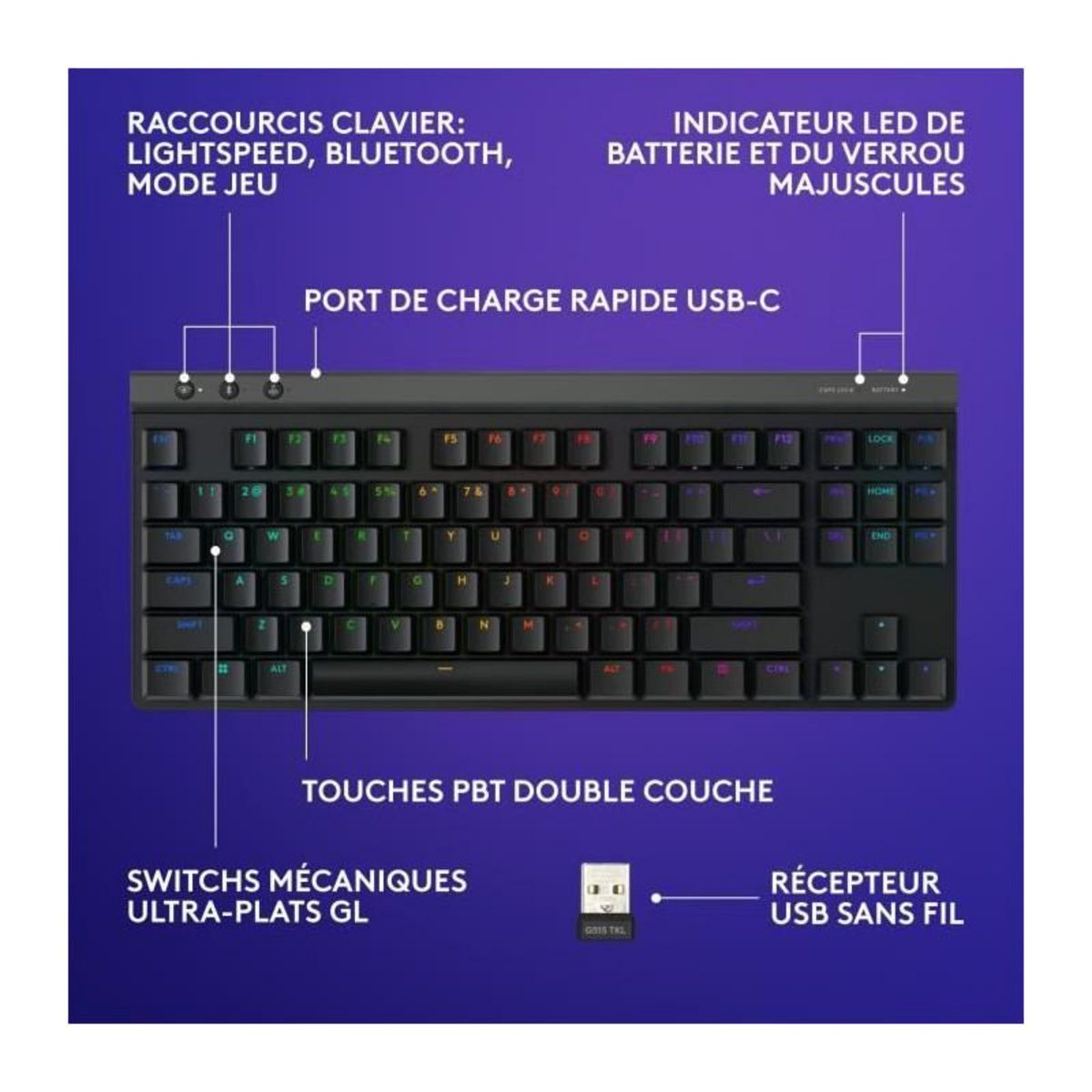 LOGITECH G Clavier Gamer - Sans fil - Logitech G - G515 TKL Lightspeed - Mécanique Linear - RGB - AZERTY - Noir