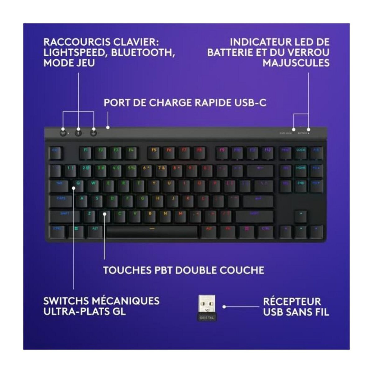 LOGITECH G Clavier Gamer - Sans fil - Logitech G - G515 TKL Lightspeed - Mécanique Linear - RGB - AZERTY - Noir