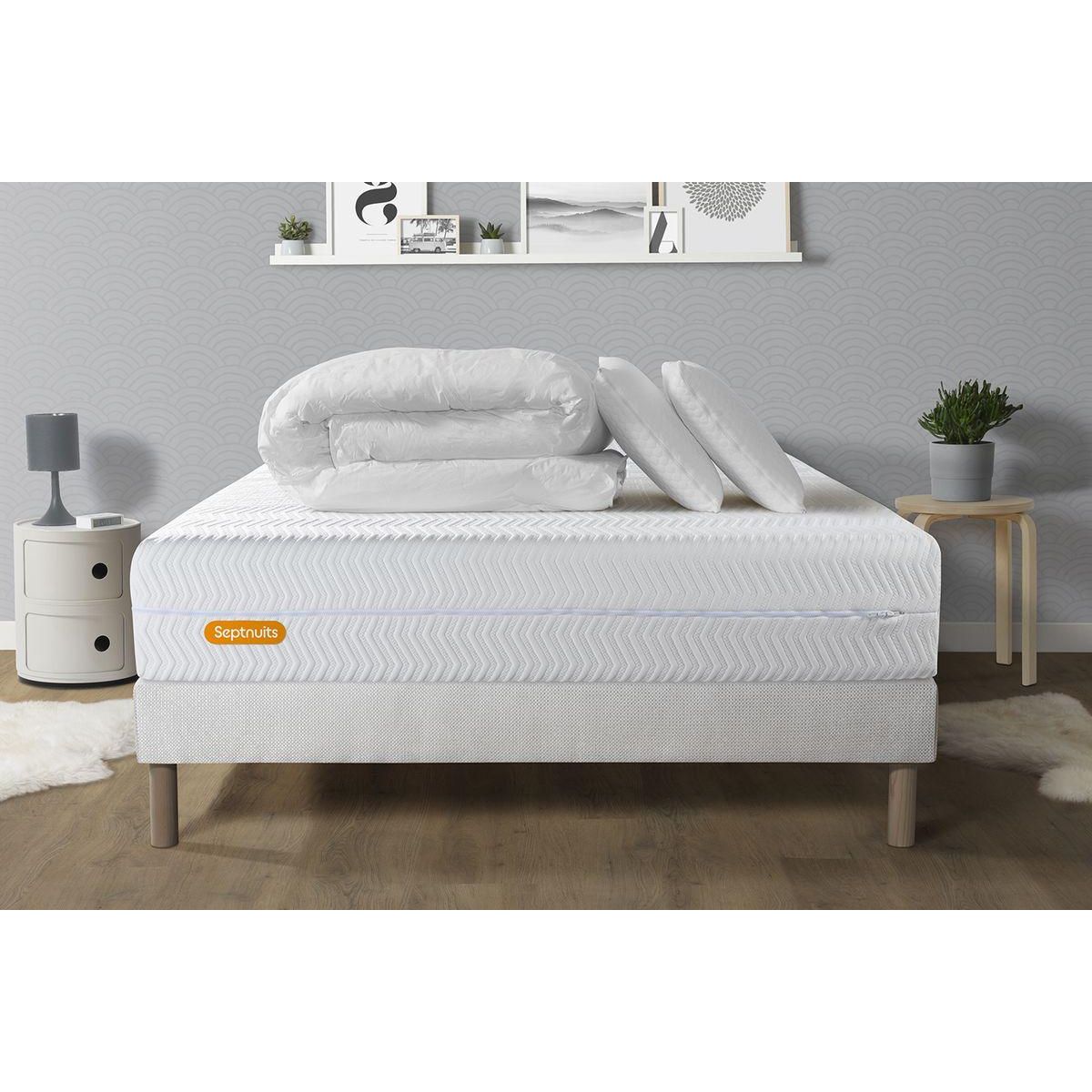 SEPTNUITS PACK Matelas + sommier Memo Bio  Mousse à mémoire de forme 5 zones de confort Maxi épaisseur + Couette + 2 oreillers