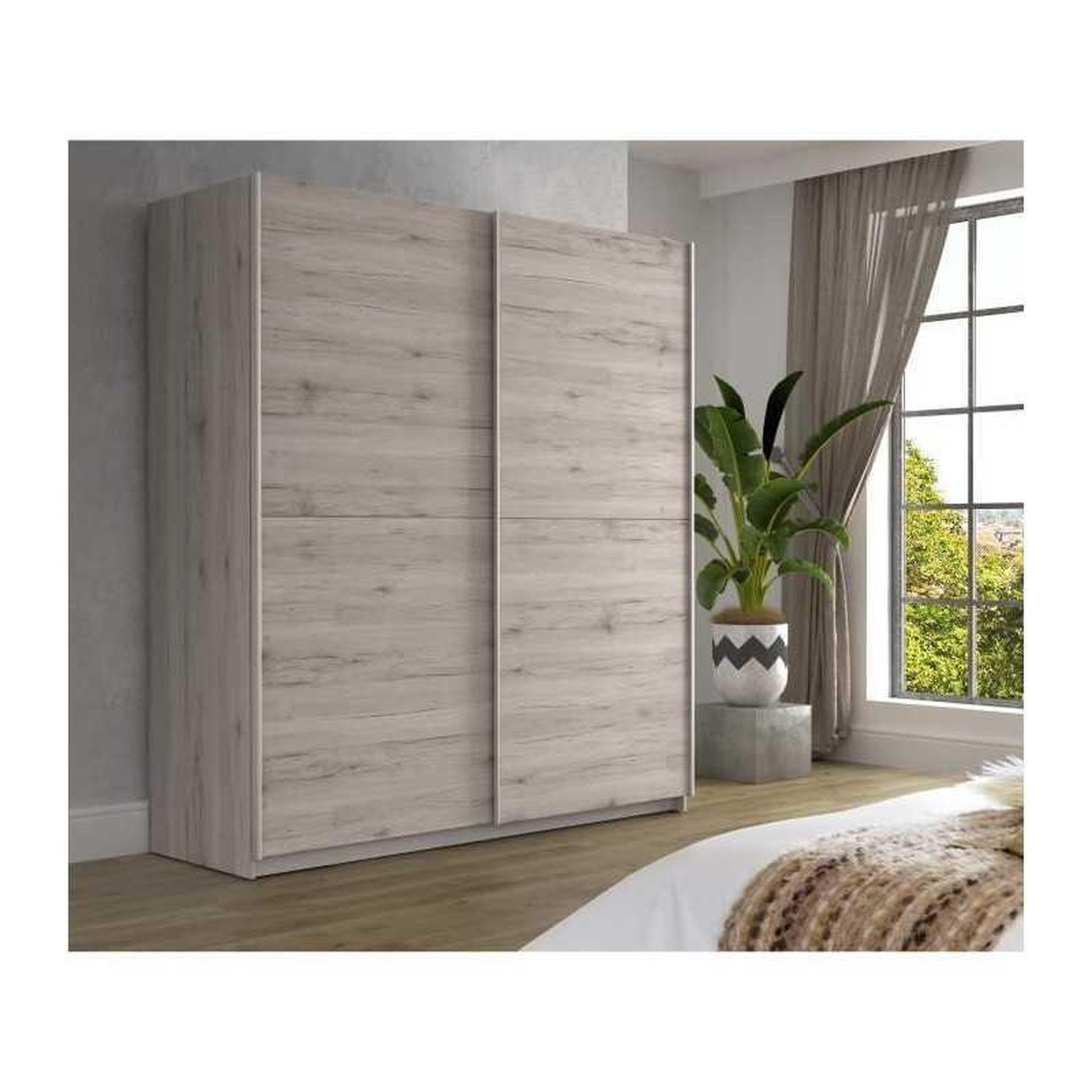 Voir la diapositive 2 : FINLANDEK Finlandek ulos armoire de chambre beige effet chêne clair, 2 portes coulissantes, 5 étagères, 2 tringles, 170,3 x 61,2 x 190,5 cm