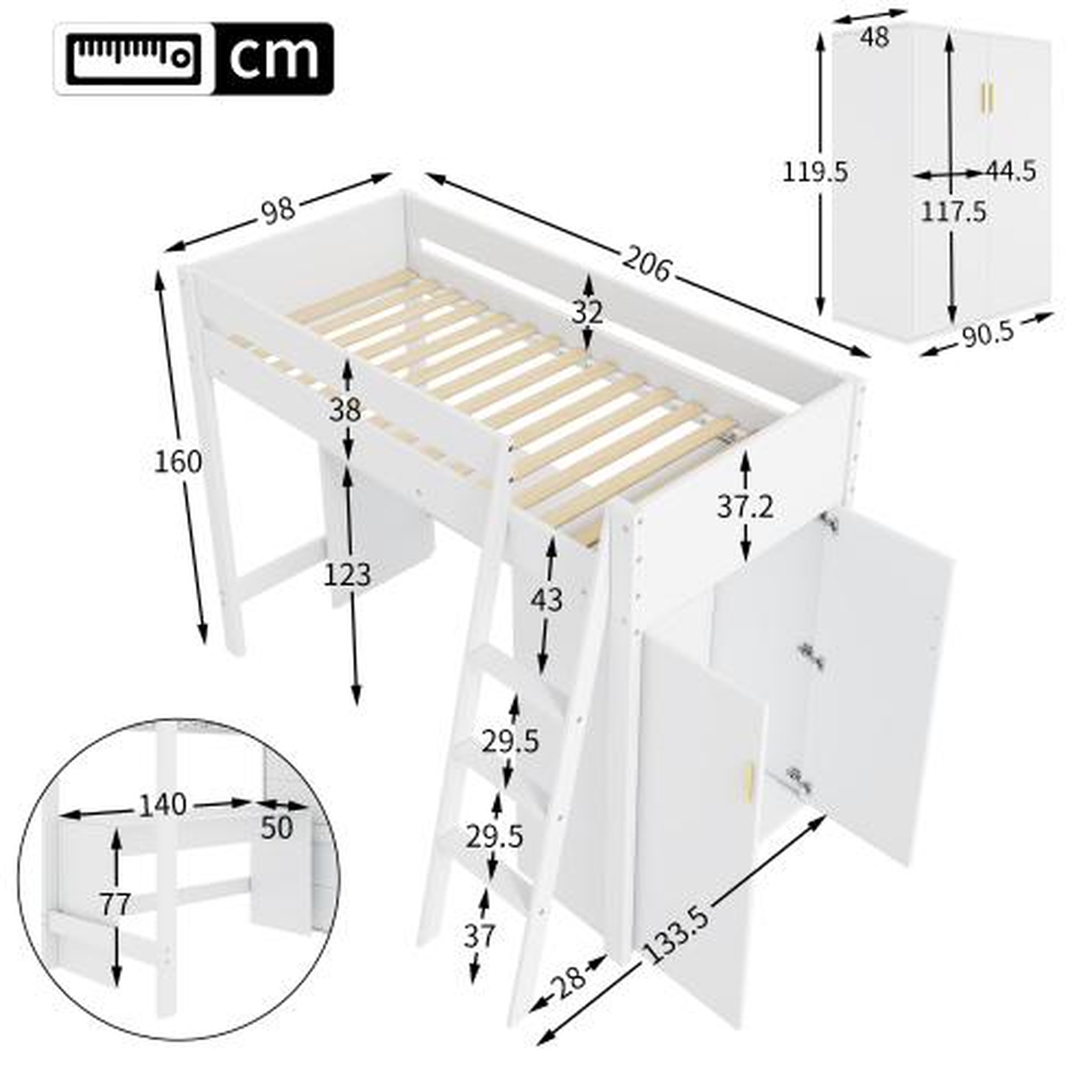 Voir la diapositive 3 : MERAX Lit combiné enfant 90x200 cm coloris blanc bois massif