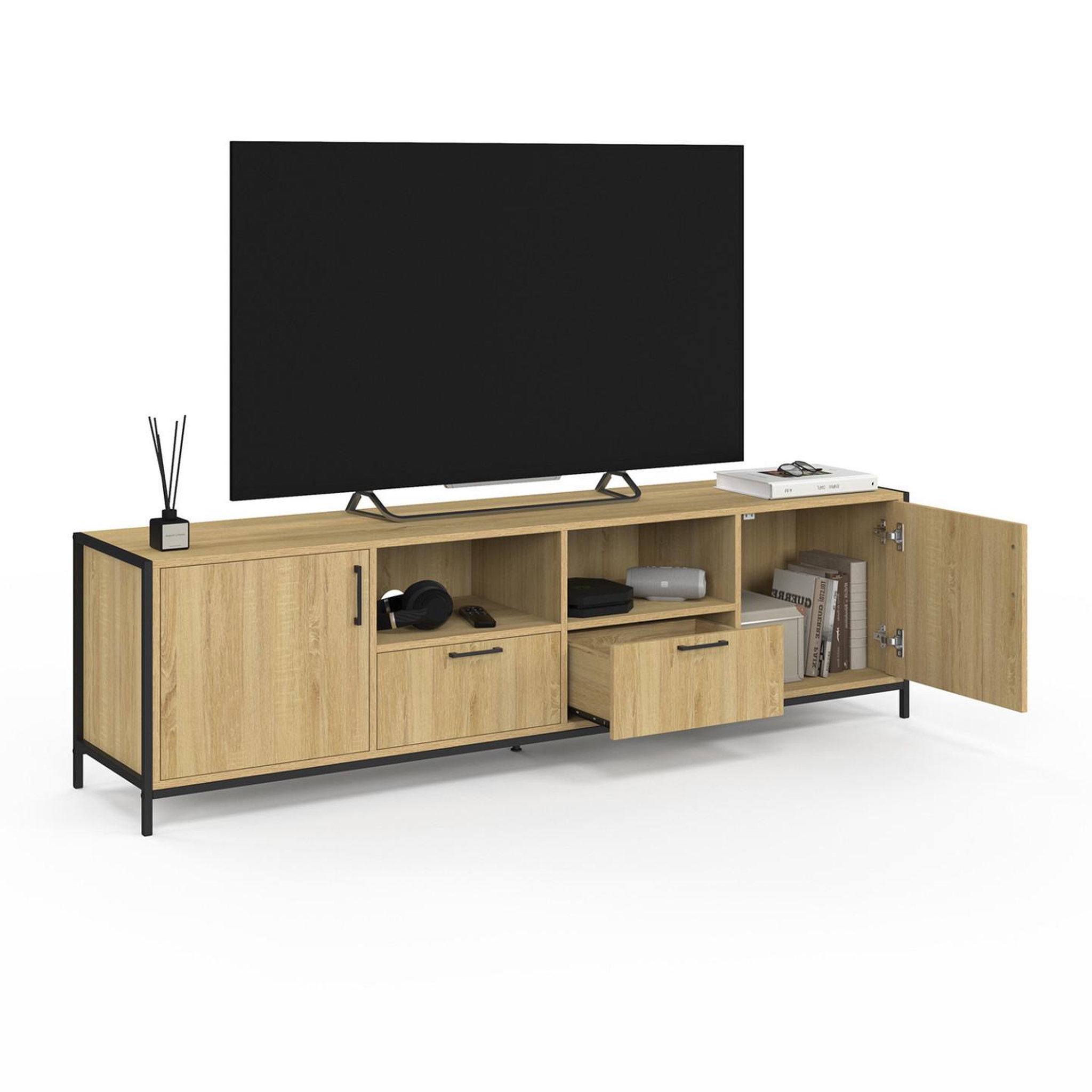 Voir la diapositive 4 : ID MARKET Meuble tv 180 cm detroit 2 portes 2 tiroirs design industriel
