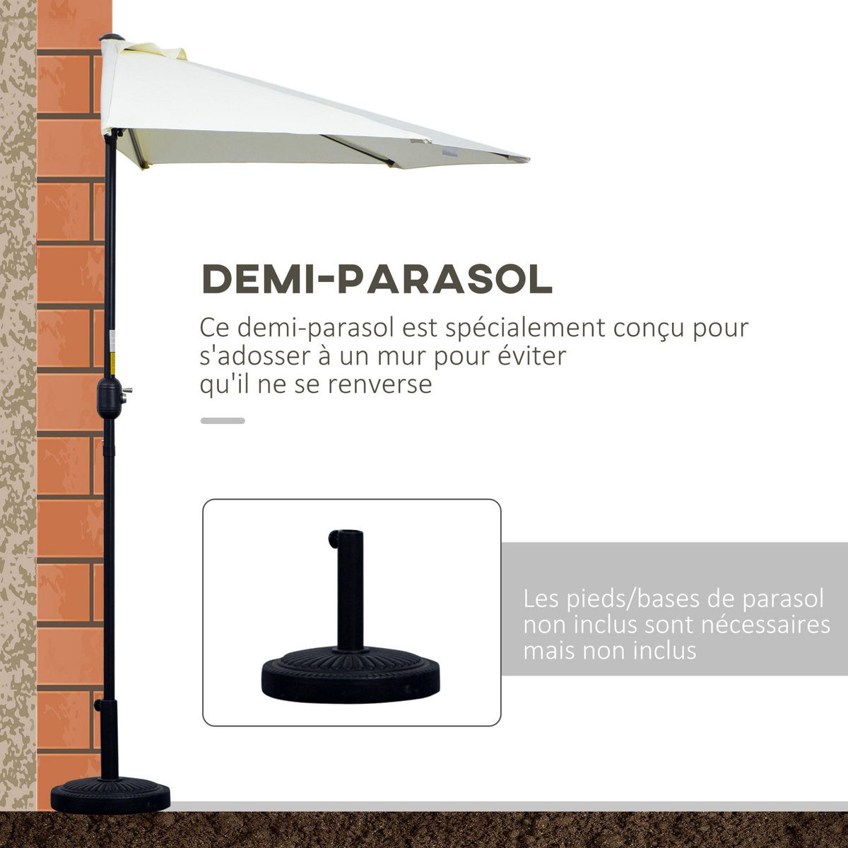 OUTSUNNY Demi parasol - parasol de balcon - ouverture fermeture manivelle - acier polyester haute densité crème