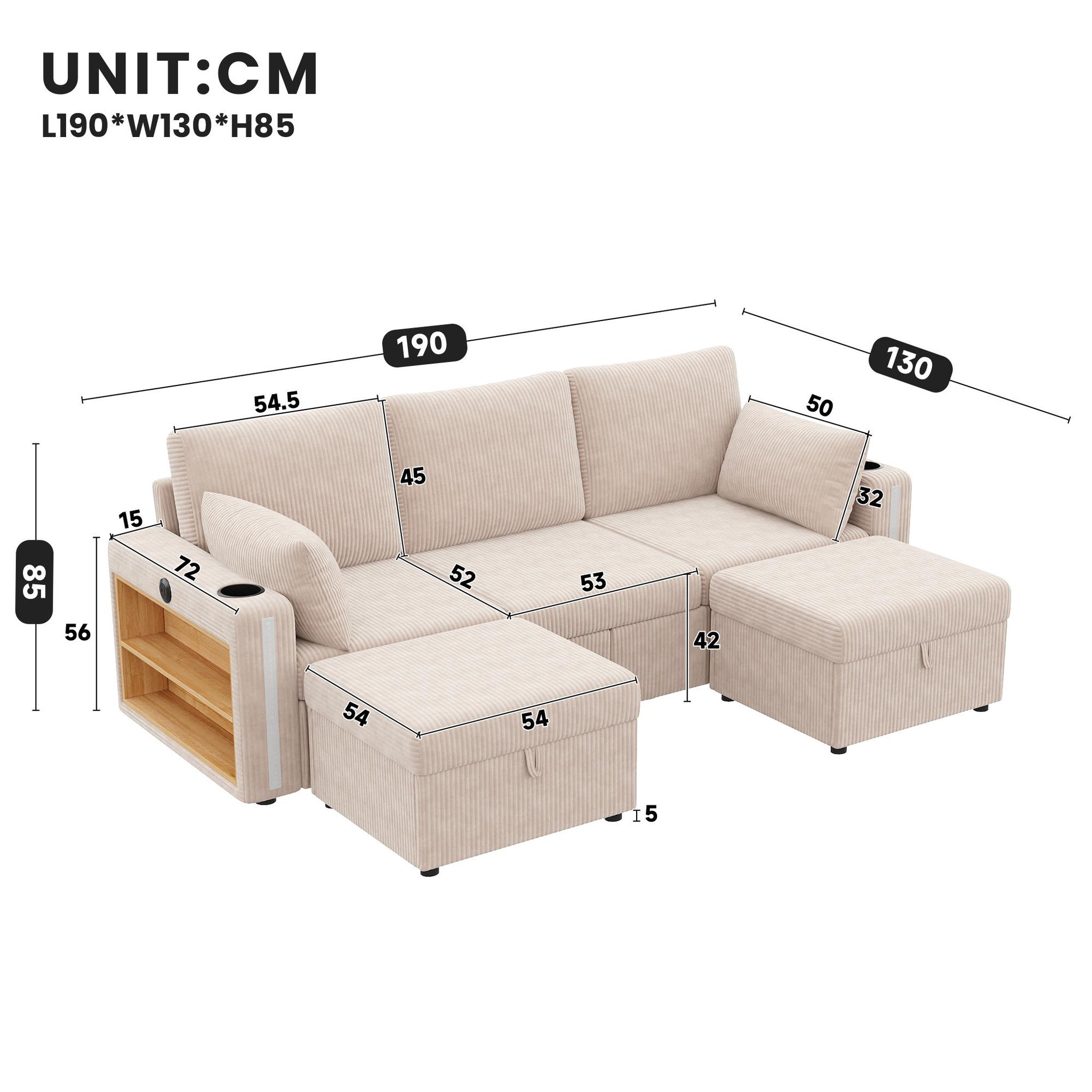 Voir la diapositive 3 : MERAX Canapé d'angle modulable 5 places u/l avec rangement led usb type-c tissu côtelé