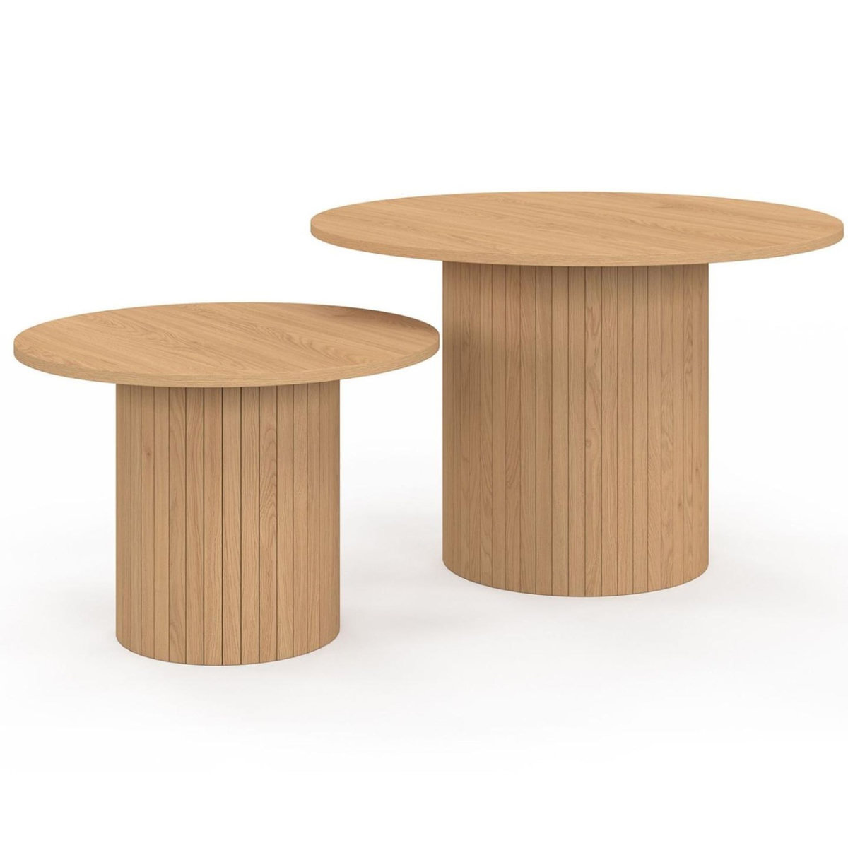ID MARKET Lot de 2 tables basses gigognes JULIETTE rondes 50/70 effet lattes tasseau bois coloris chêne