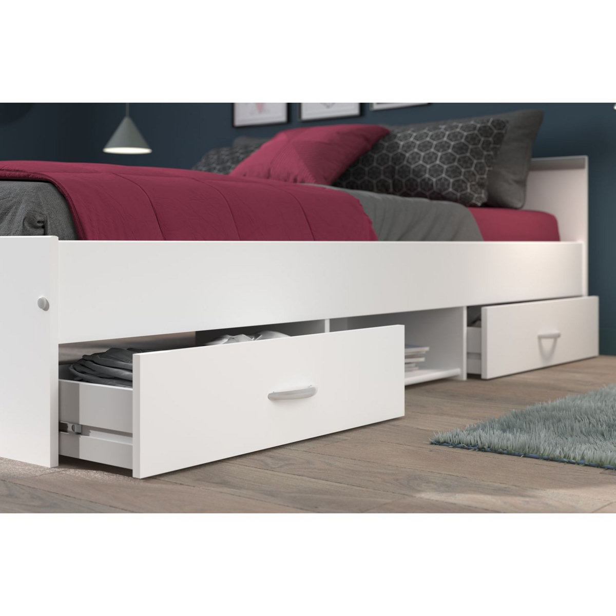 Lit double adulte 160x200 cm 2 tiroirs 1 niche DOWNTON 