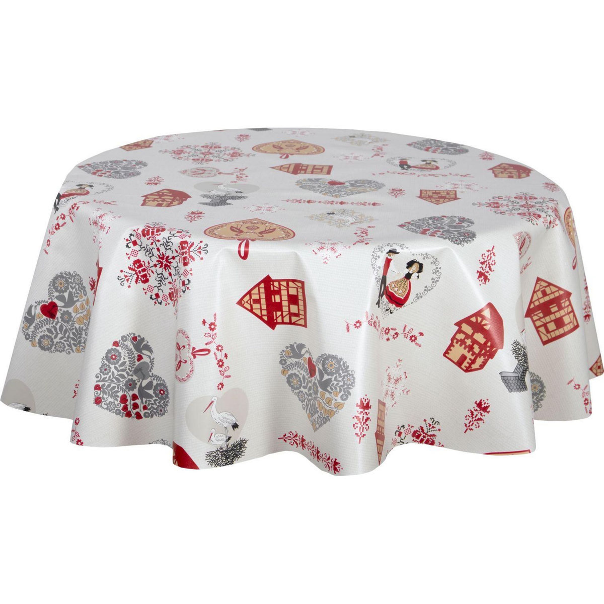 HABITABLE Nappe en toile cirée ronde motifs cœur ALSACE - Diam. 135 cm
