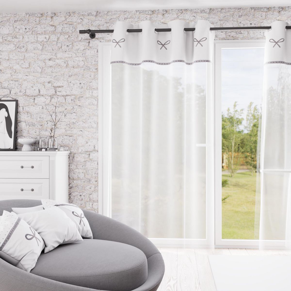 SOLEIL D'OCRE Voile à oeillets brodé en coton 135x250 cm EMILIE, par Soleil d'ocre