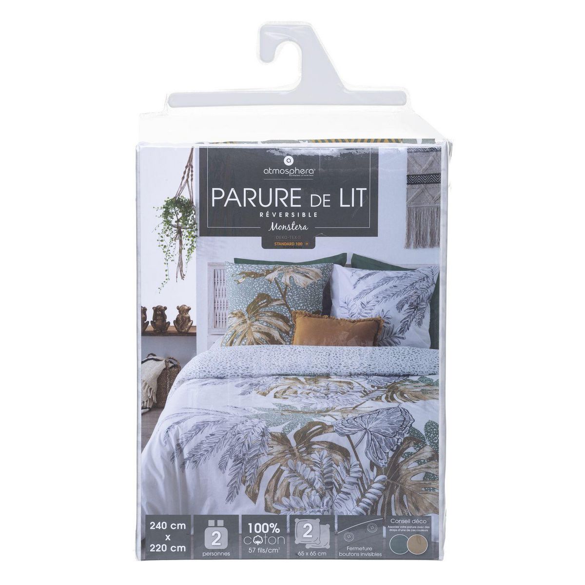 ATMOSPHERA Parure de lit avec imprimé Monstera 240x220cm - vert et ocre