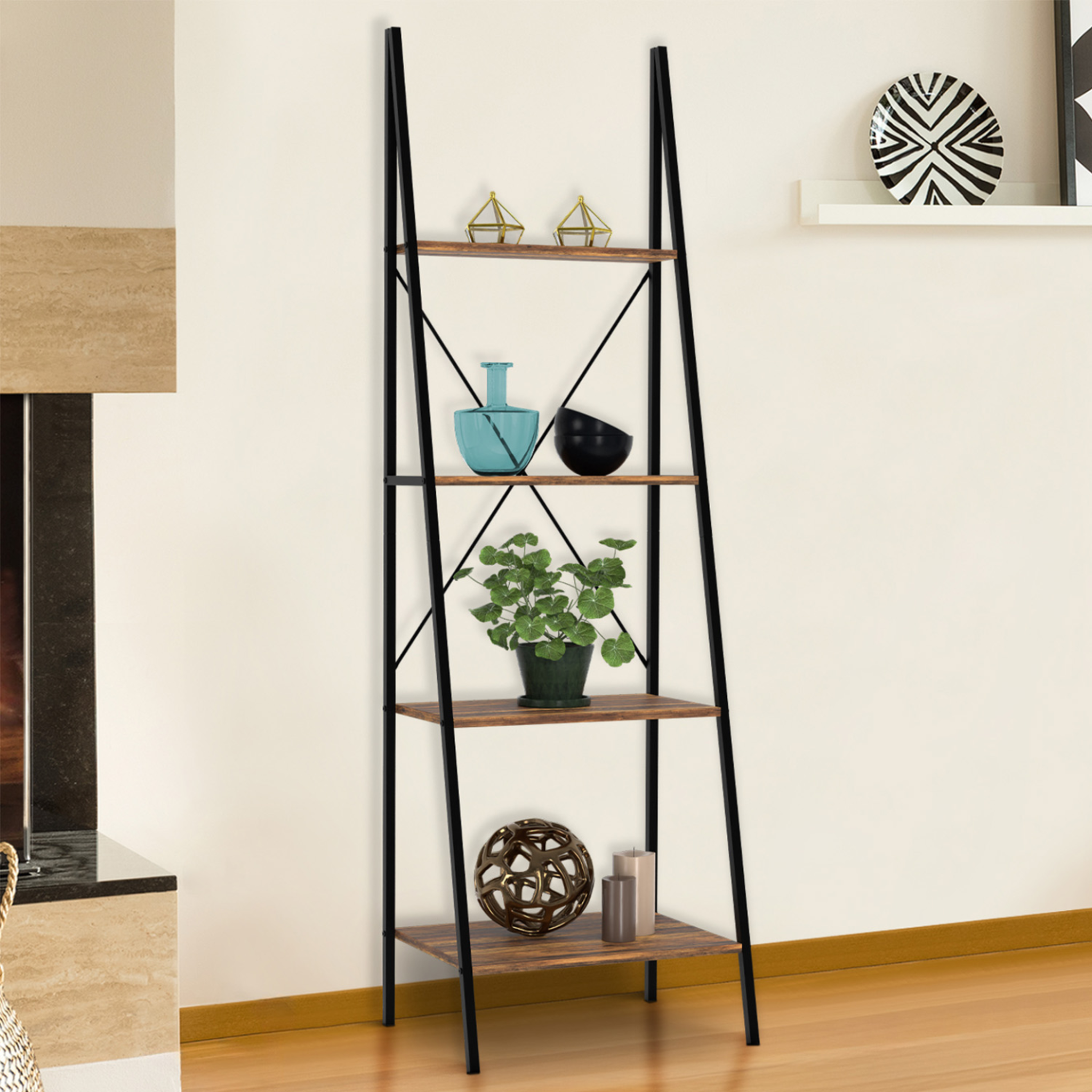 Voir la diapositive 2 : ID MARKET Etagère échelle 4 niveaux hawkins bois foncé design industriel 170 cm