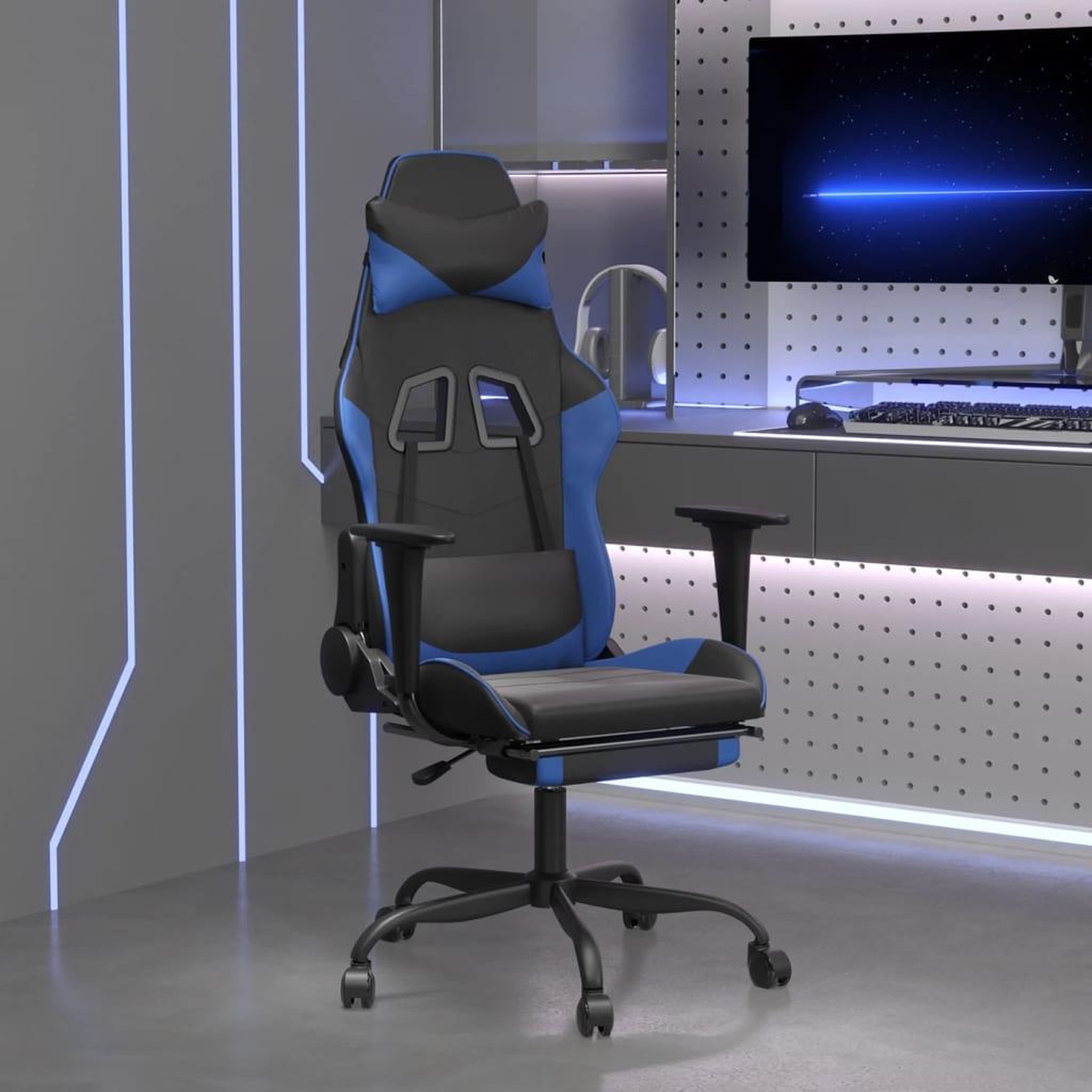 VIDAXL Chaise de jeu avec repose-pied Noir et bleu Similicuir