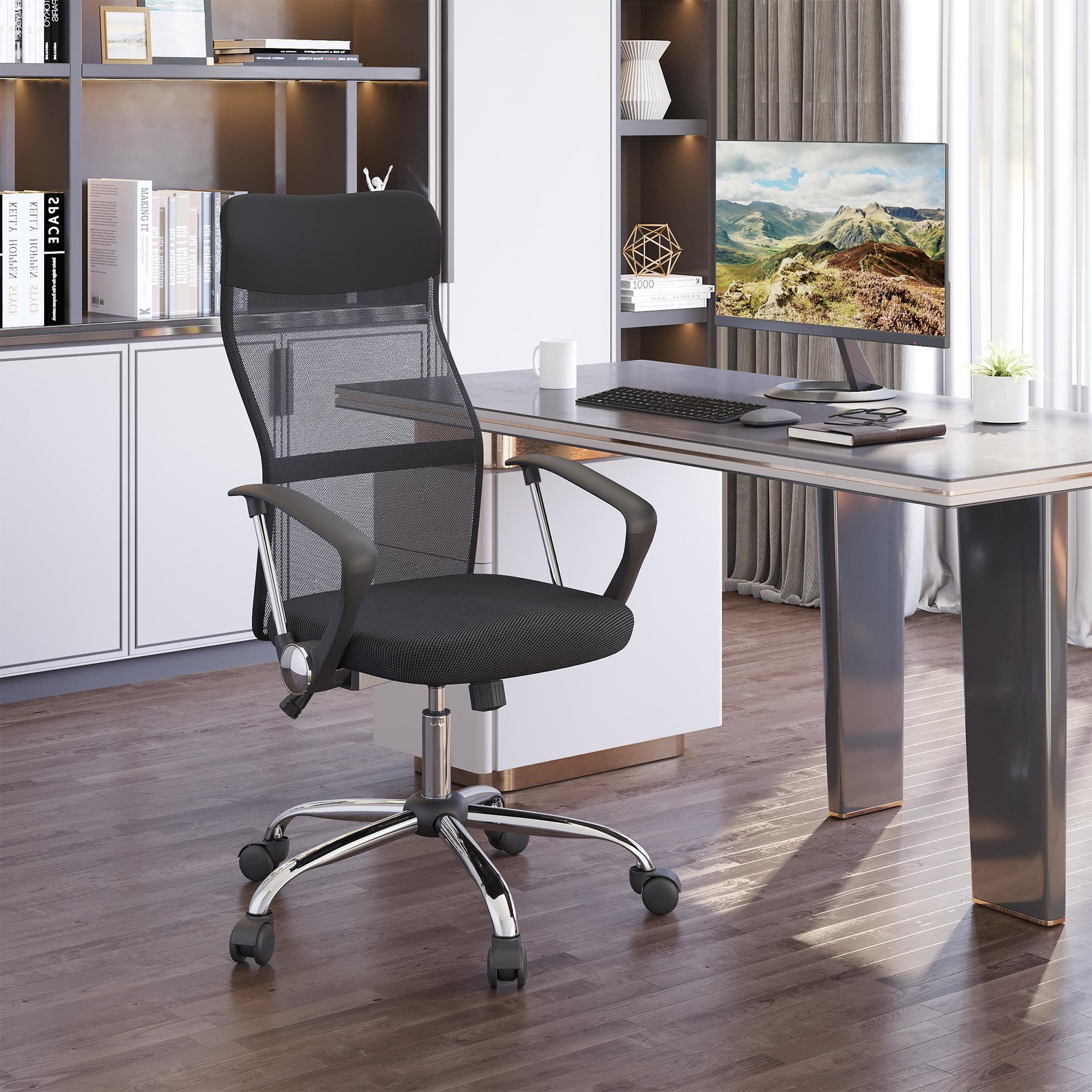Voir la diapositive 2 : HOMCOM HOMCOM Fauteuil de bureau manager grand confort dossier ergonomique hauteur assise réglable pivotant tissu maille noir