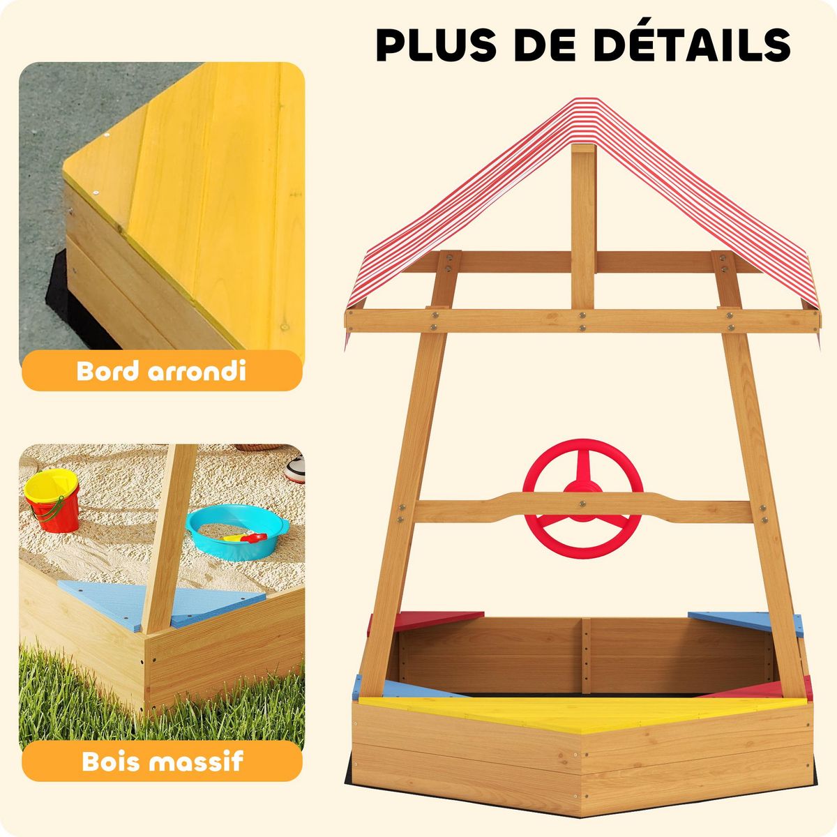 HOMCOM Bac à sable en bois design bateau enfant - sièges, store double pente, gouvernail - bois pré-huilé