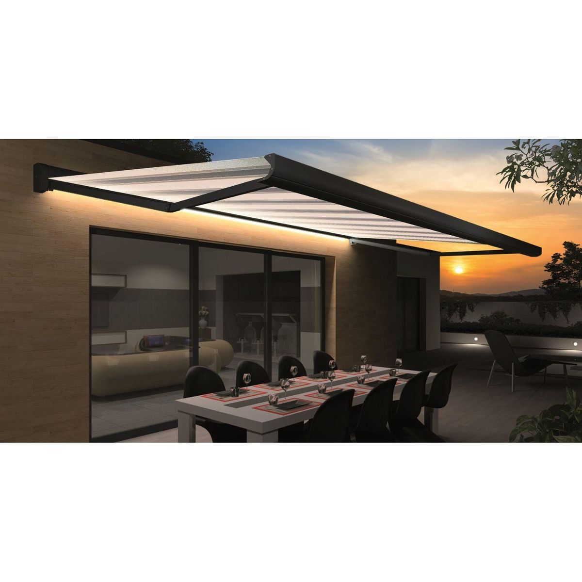 SUNSTYL Store motorisé avec Led NINA rayé Coffre intégral gris 