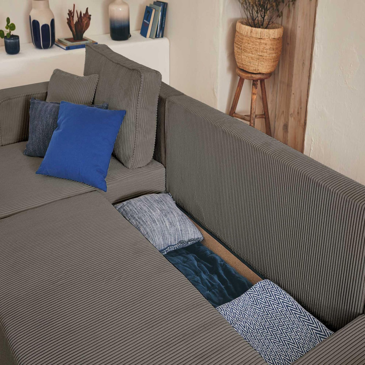 BEST MOBILIER Topaze - canapé panoramique en u - 7 places - convertible avec coffre - en velours côtelé