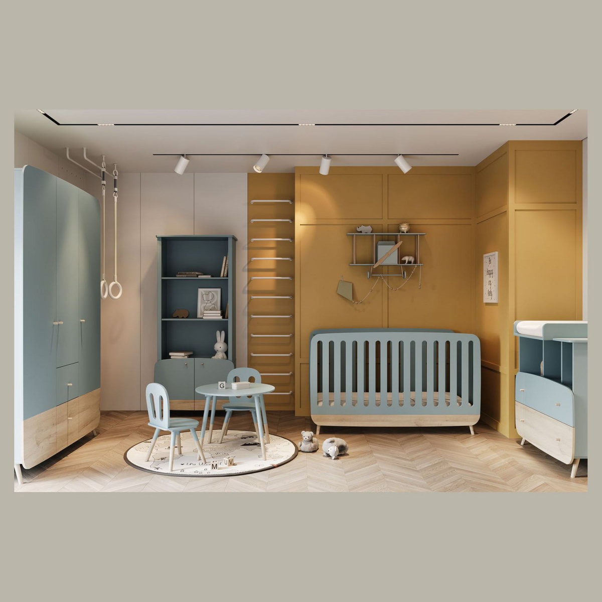 Bibliothèque bébé enfant 3 niches 2 portes bleu LINIA