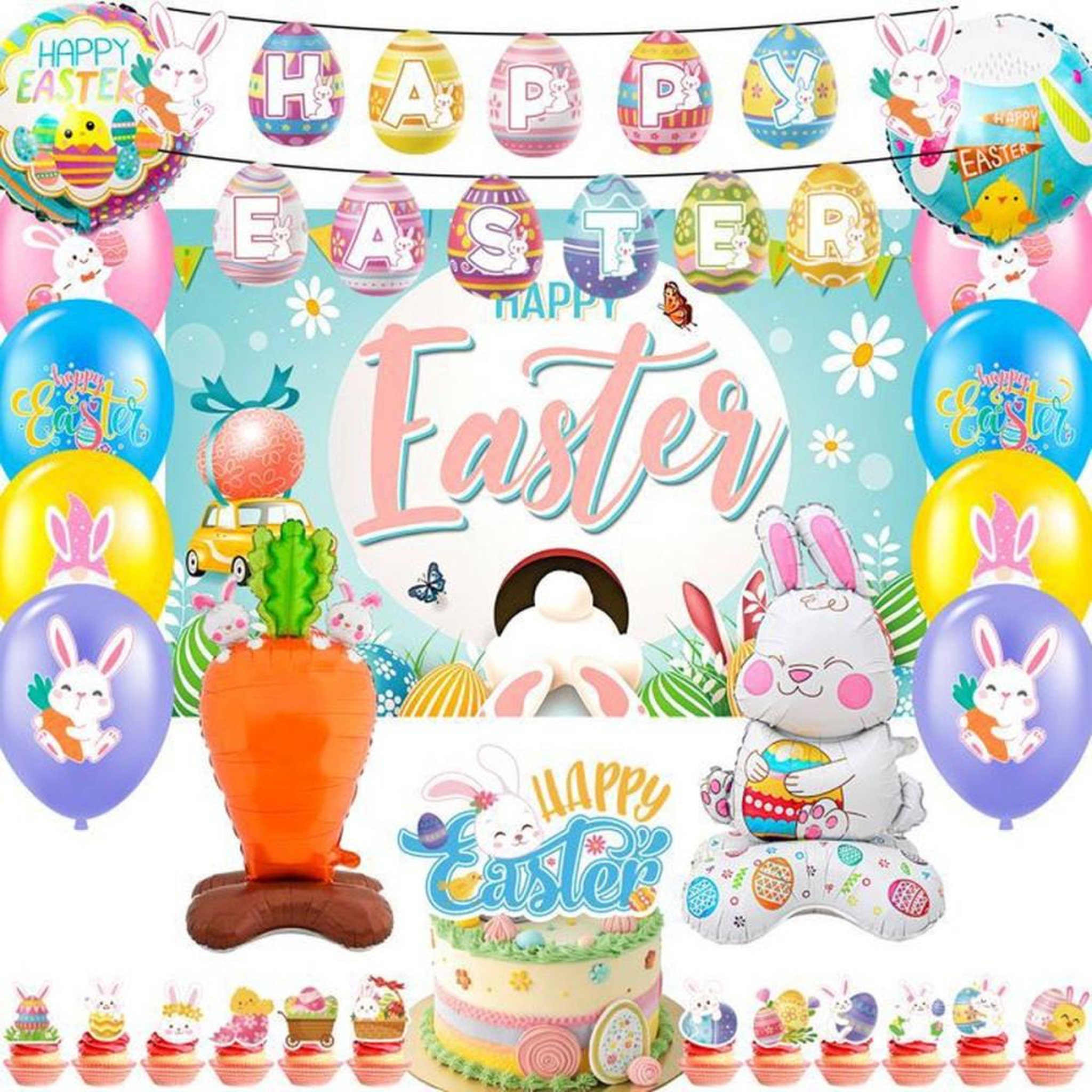 Kit décoration Pâques Lapin Happy Easter : banderole, décor de fond, 20 ballons multicolores ronds et 24 pics cupcakes