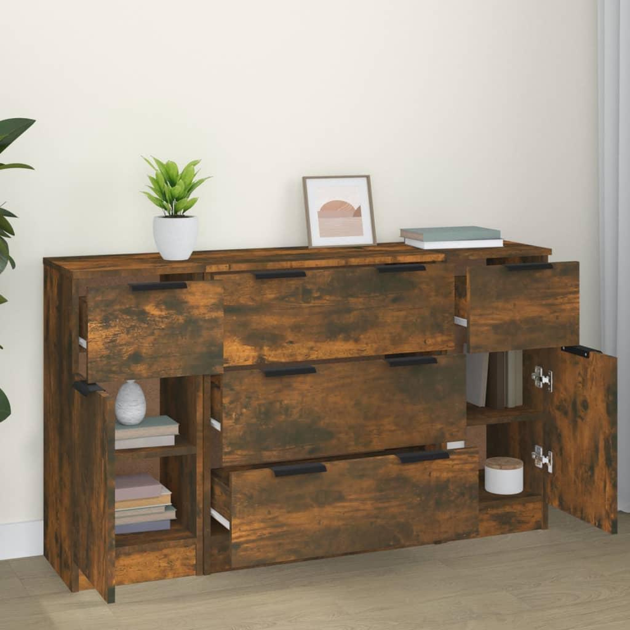 Voir la diapositive 3 : VIDAXL Ensemble de buffets 3 pcs chene fume bois d'ingenierie