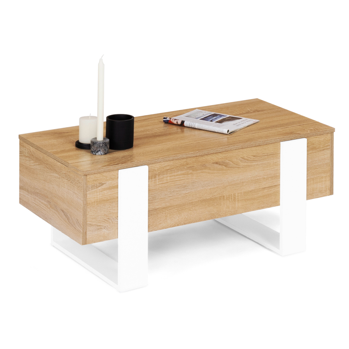 ID MARKET Table basse plateau relevable rectangulaire PHOENIX bois et blanc