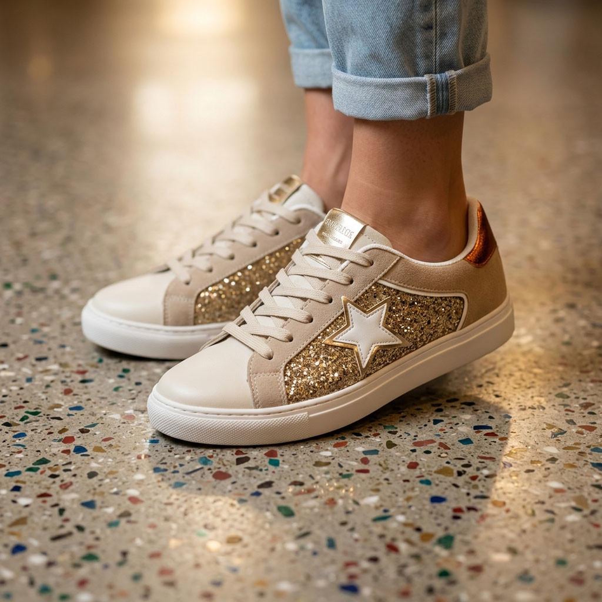 Voir la diapositive 2 : OZABI OZABI Sneakers Glitter Étoile Femme Plateforme Argent Or