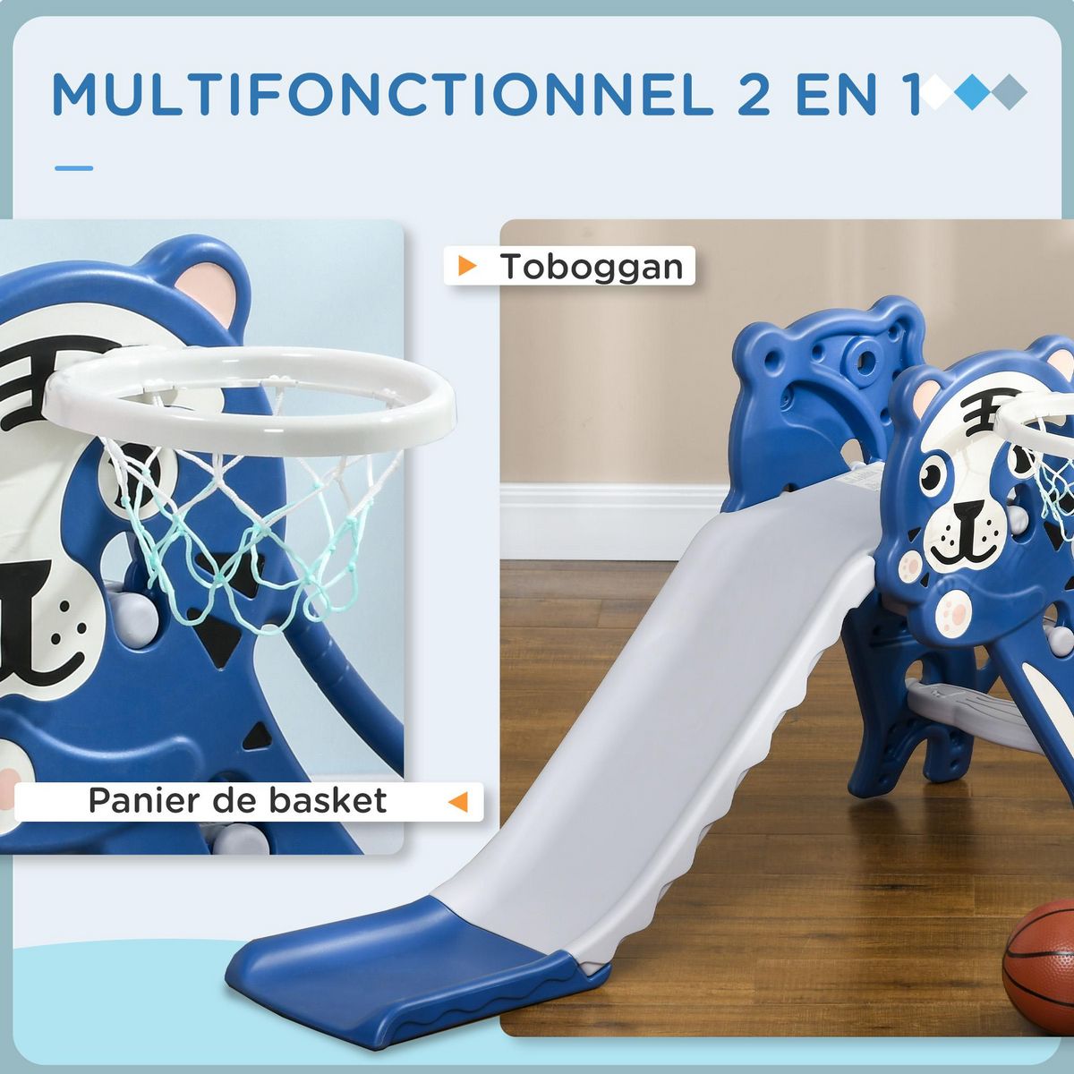 HOMCOM Toboggan enfant panier basket design tigre 18-36 mois usage intérieur - balle, pompe incluses - PE bleu gris