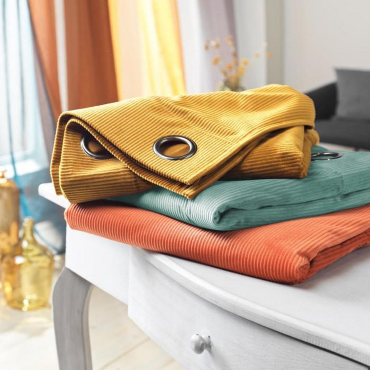 Paris Prix Rideau à Œillets Velours Côtelé  Casual  140x260cm Sauge