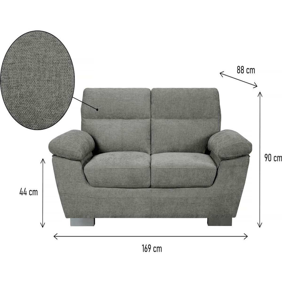 Habitat et Jardin Canapé fixe en tissu  Dallas  - 169 x 88 x 90 cm - 2 places - Gris