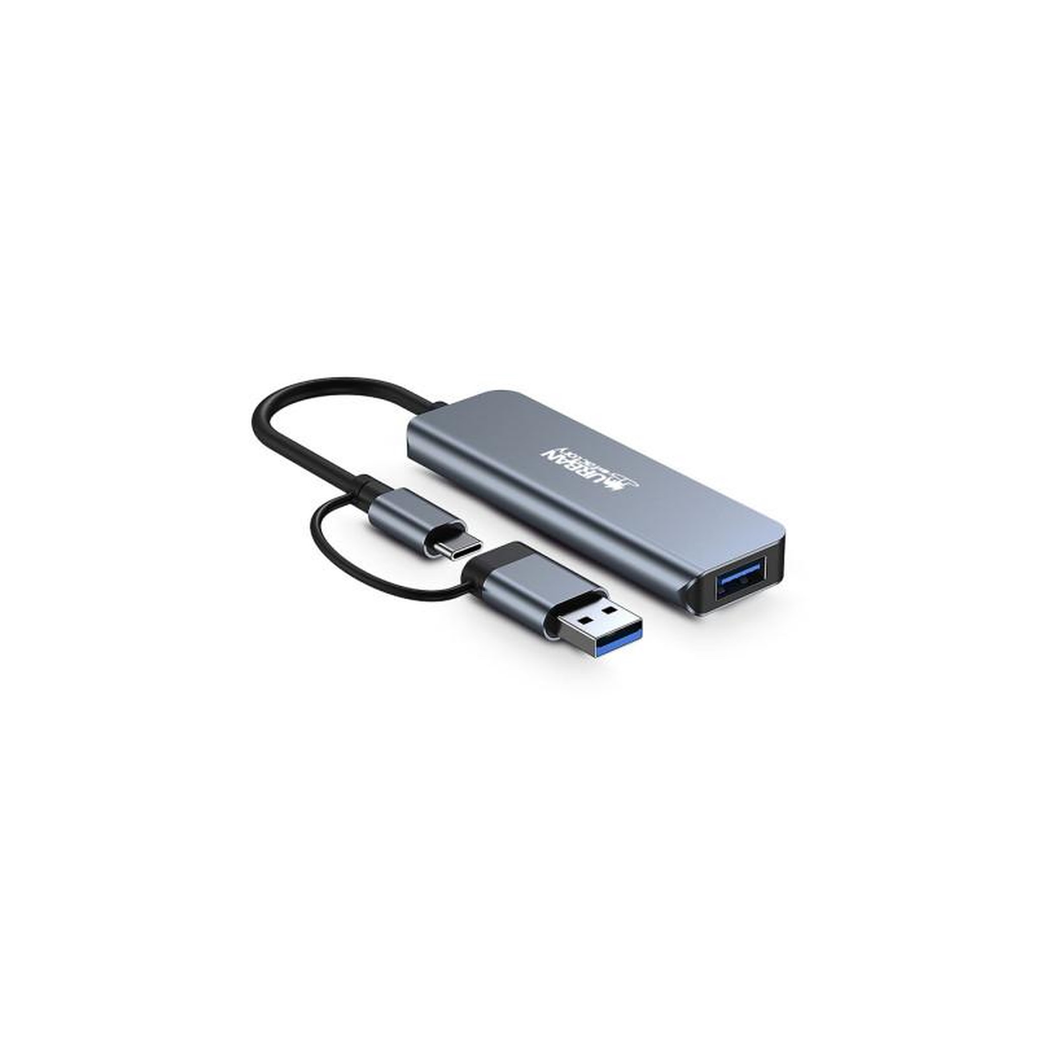 Voir la diapositive 3 : URBAN FACTORY Hub USB Urban Factory HUB USB 4 PORTS USB 3.0 + ADAPTATEUR USB A FEMELLE USB C MALE GRIS SIDERAL