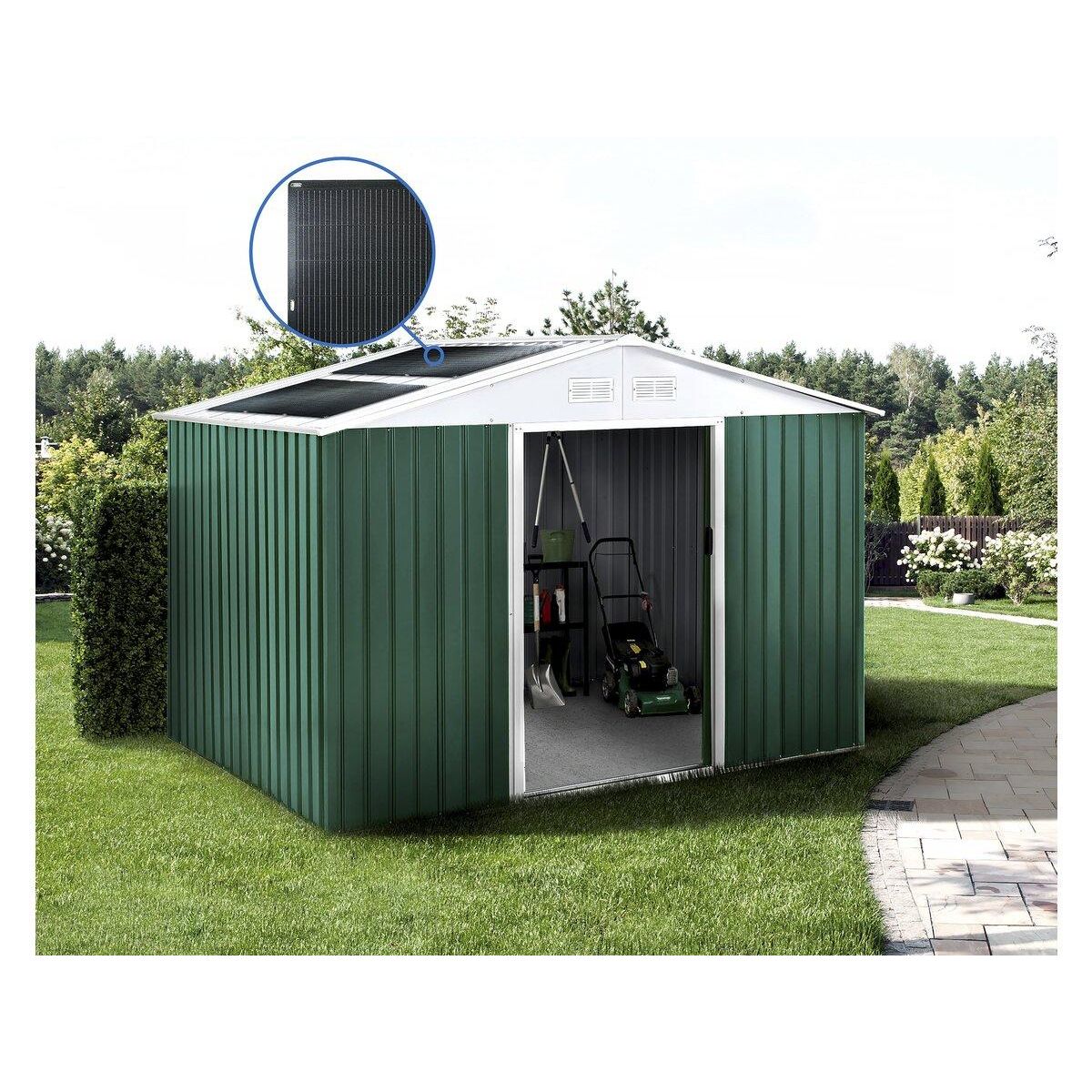 Habitat et Jardin Abri de jardin métal -  Rosas  - 7,06 m² avec panneaux solaires - Vert