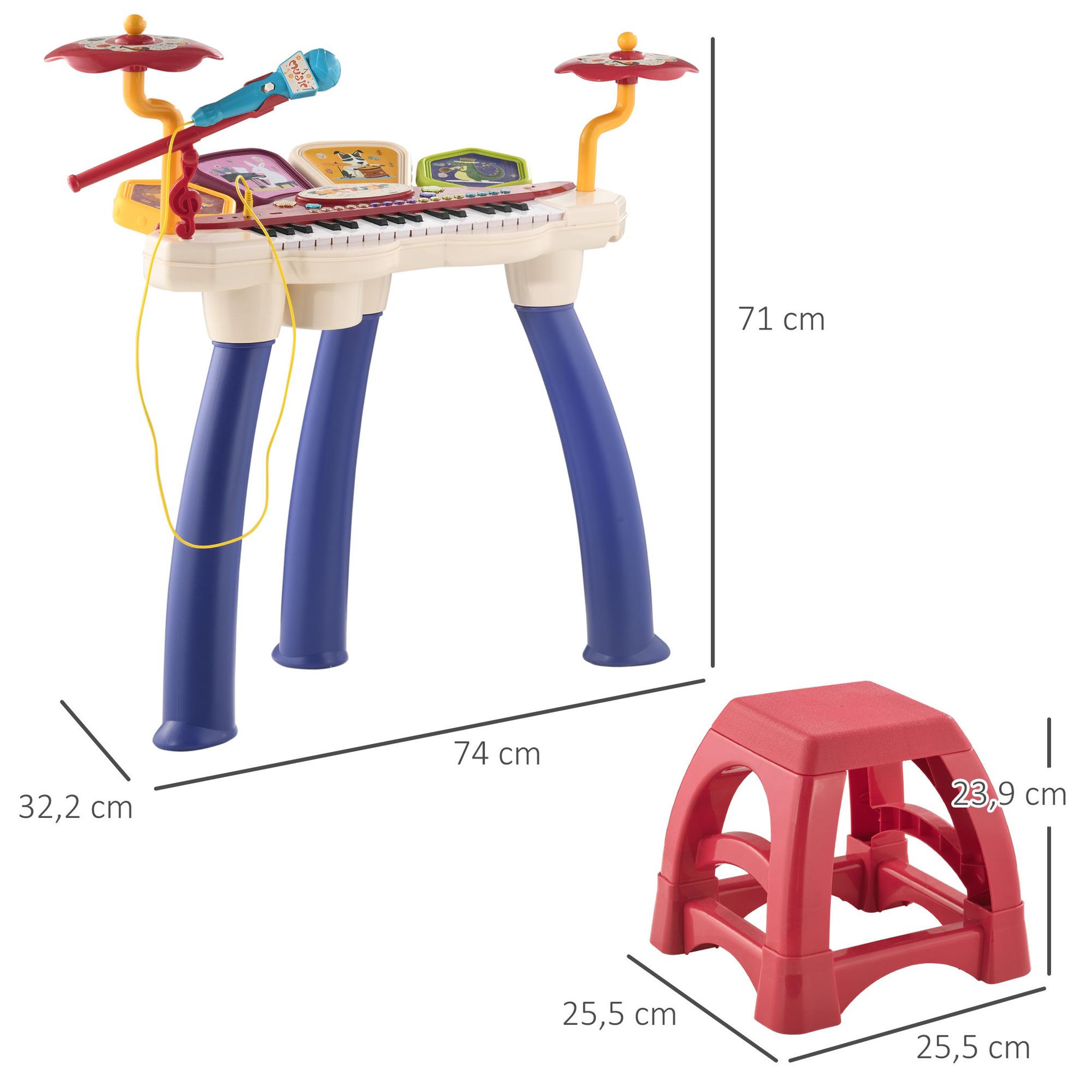Voir la diapositive 3 : HOMCOM Jouet musical piano électronique batterie 2 en 1 - tabouret, micro et support - clavier 32 touches, effet lumineux, nombreux modes - PP multicolore