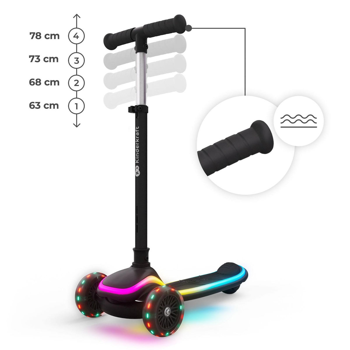 KINDERKRAFT Trottinette Kinderkraft RAKET UP 2-en-1 avec siège réglable, roues RGB LED, plateau lumineux, pliable dès bébé, Noir