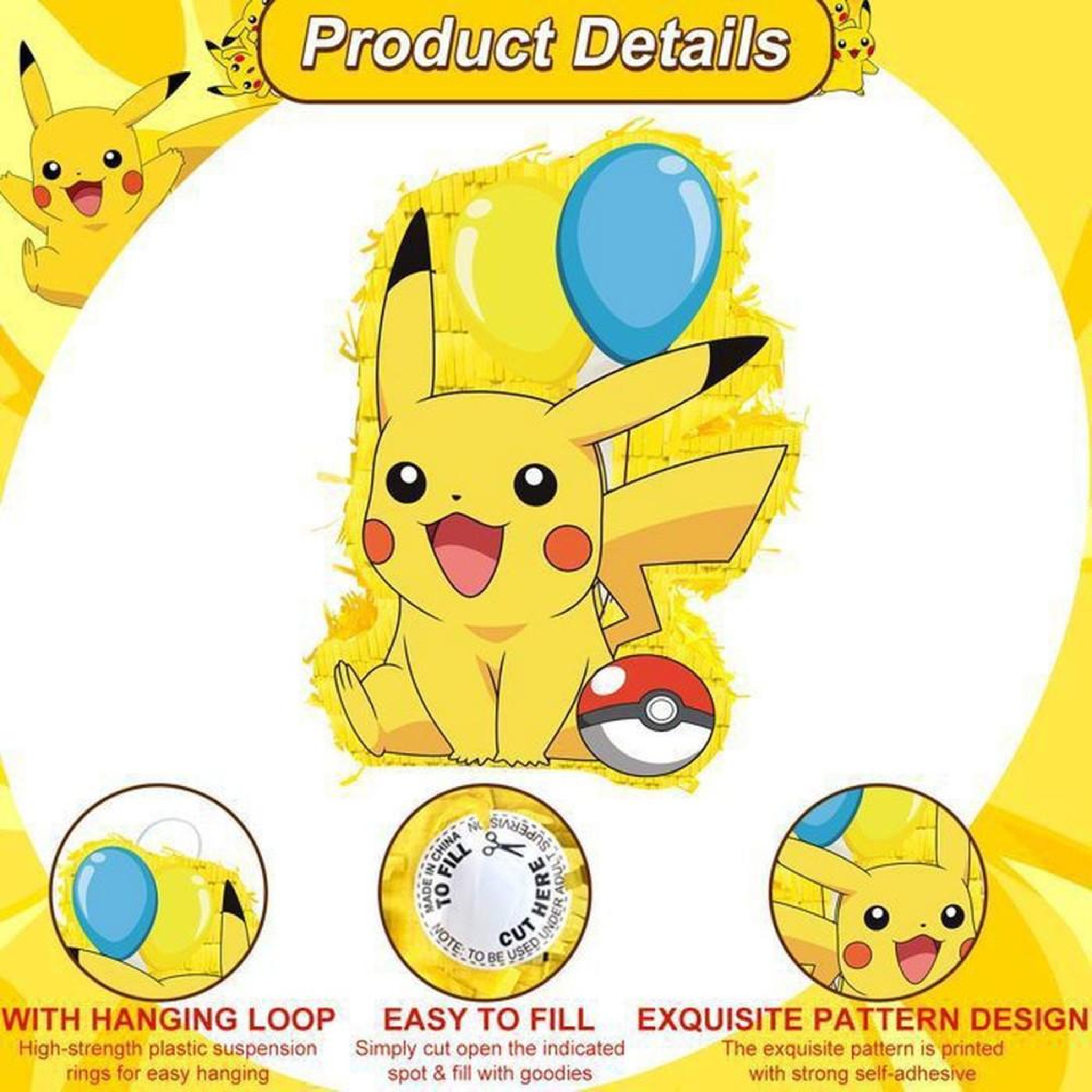 Voir la diapositive 5 : Décoration anniversaire Pokémon piñata multicolore à l'effigie de Pikachu, forme boîte, lot de 4 pièces