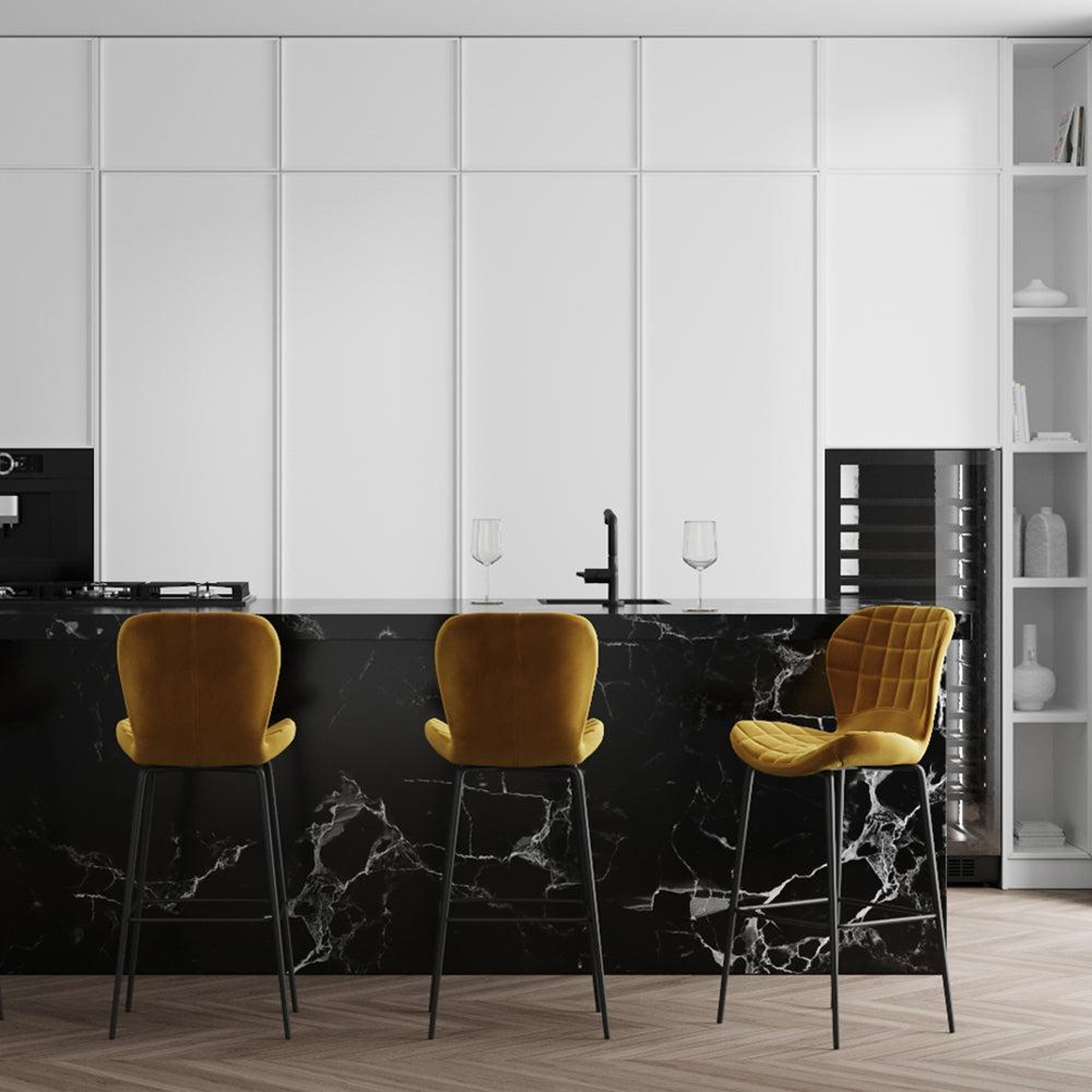 Voir la diapositive 6 : MAISON PAVANE Lot de 2 chaises de bar en velours jaune curry 75 cm-mazzia