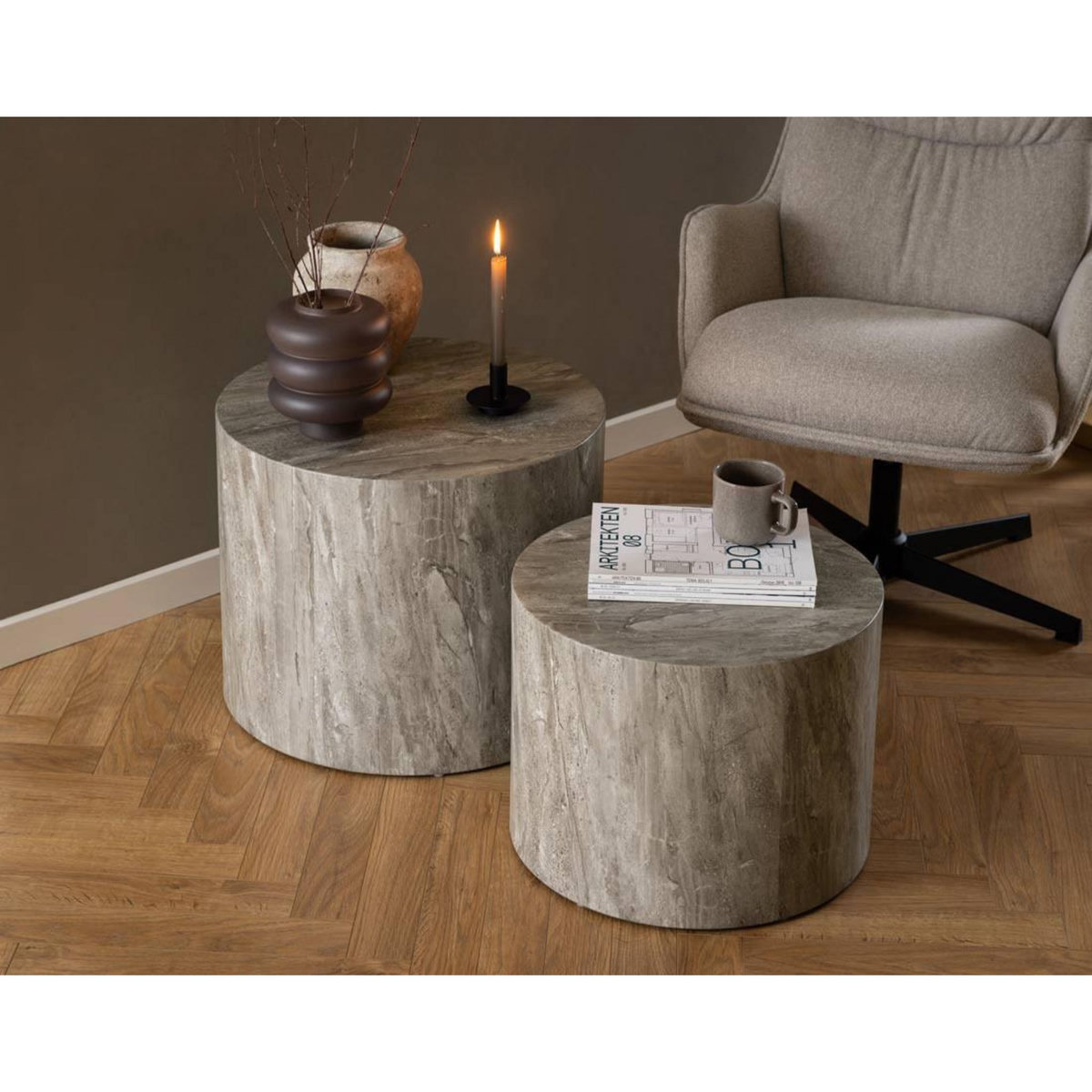 LISA DESIGN Pueblo - lot de 2 tables basses rondes - effet marbre gris - 58 et 50 cm