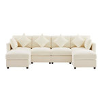 MERAX Canapé d'angle panoramique fixe 6 places tissu. Coloris disponibles : Beige, Gris