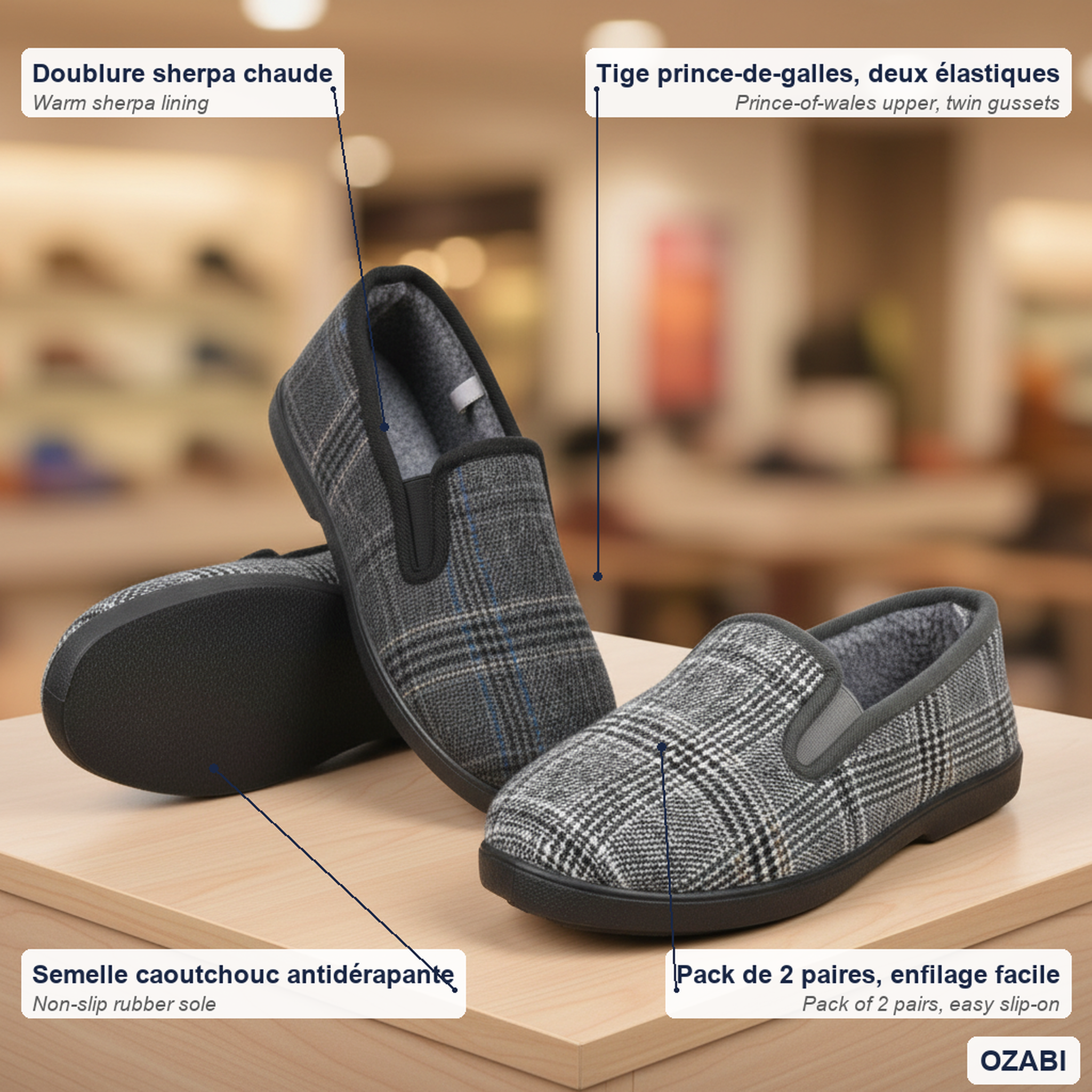 Voir la diapositive 5 : OZABI Ozabi pantoufles charentaises homme pack de 2 paires semelle antidérapante