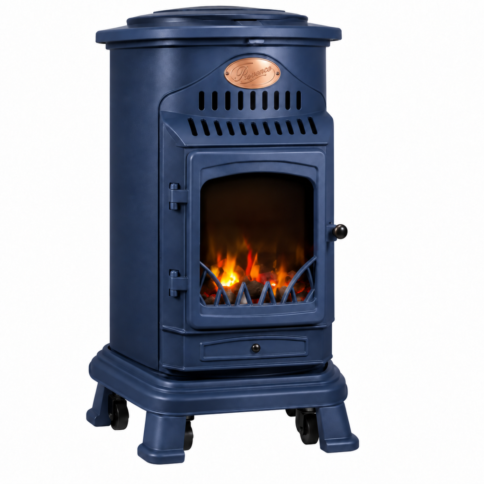 SAHARA Poêle à gaz 3,4KW Fonte Véritable – Chauffage d'appoint Design Bleu Saphir Mat - Effet feu de bois, sur roues Provence Sahara