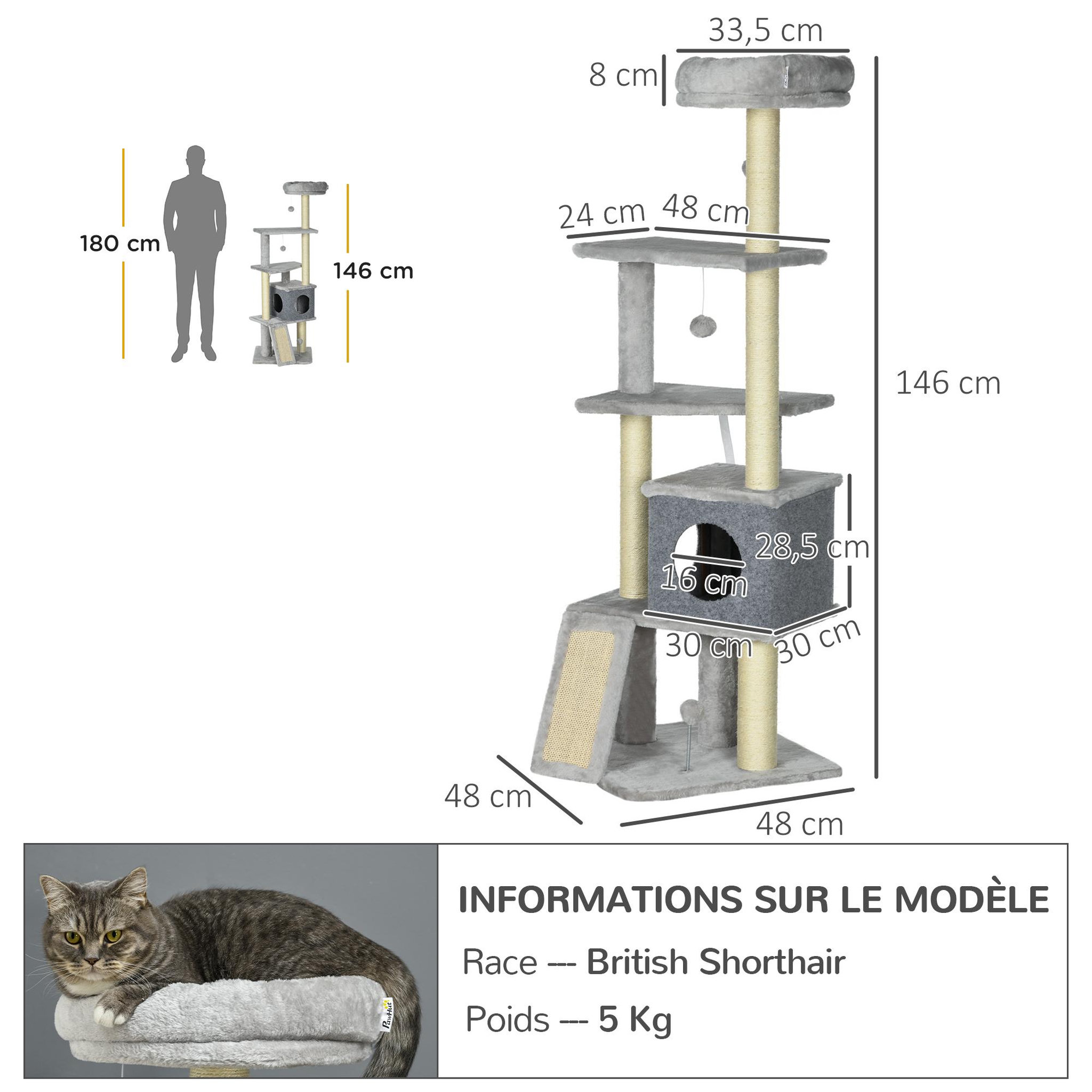 Voir la diapositive 3 : PAWHUT Arbre à chat multi-équipement griffoirs grattoirs plateformes niche panier jeu boules gris