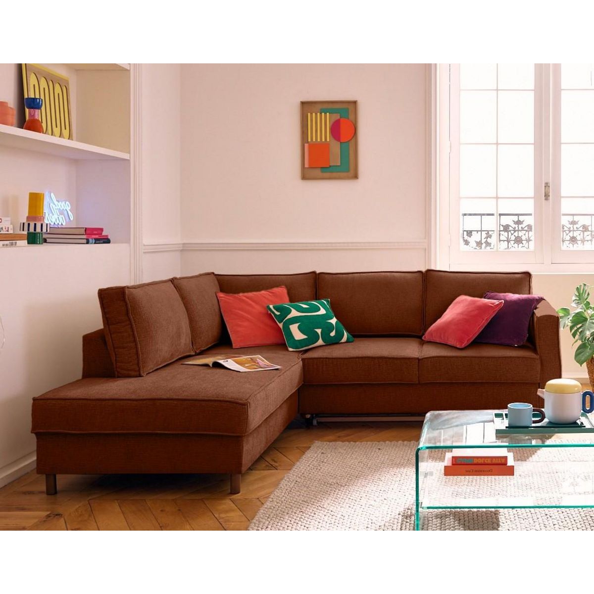 LISA DESIGN Jake - canapé d'angle gauche 5 places convertible en tissu velours relief