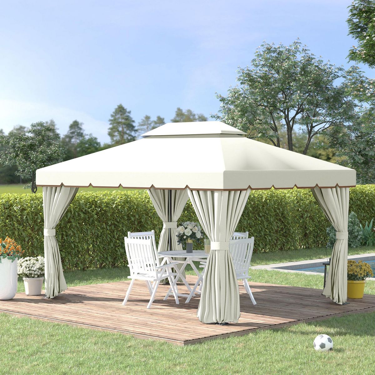 OUTSUNNY Tonnelle barnum pavillon de jardin style colonial double toit toile moustiquaires et toiles amovibles 3,9L x 2,9l x 2,8H m crème